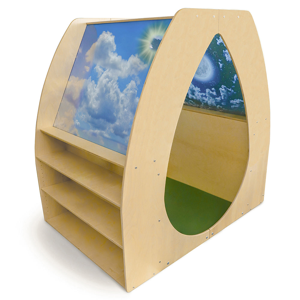 Children's playhouse with a curved design featuring images of the sky and moon.