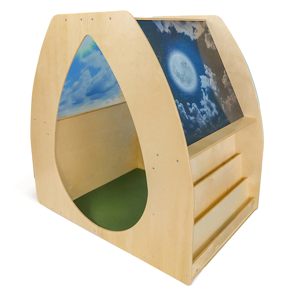 Wooden playhouse with starry sky and moon design on a white background