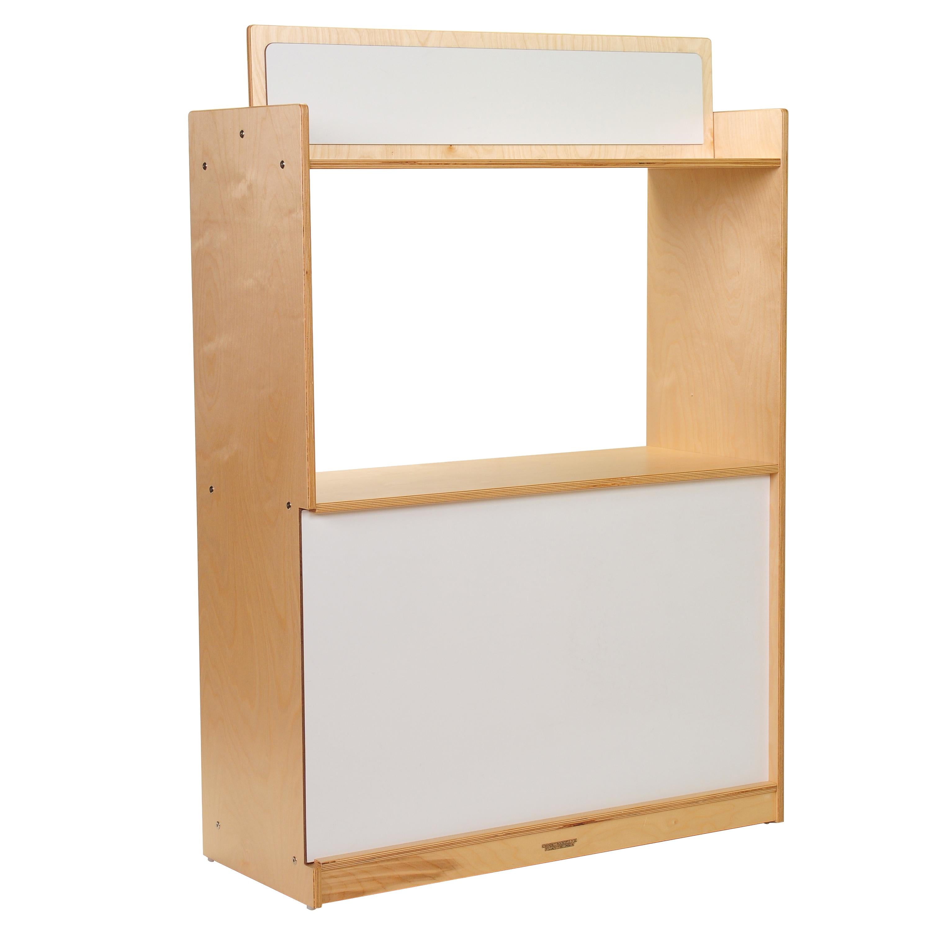 Wooden bookshelf with white panels on a white background
