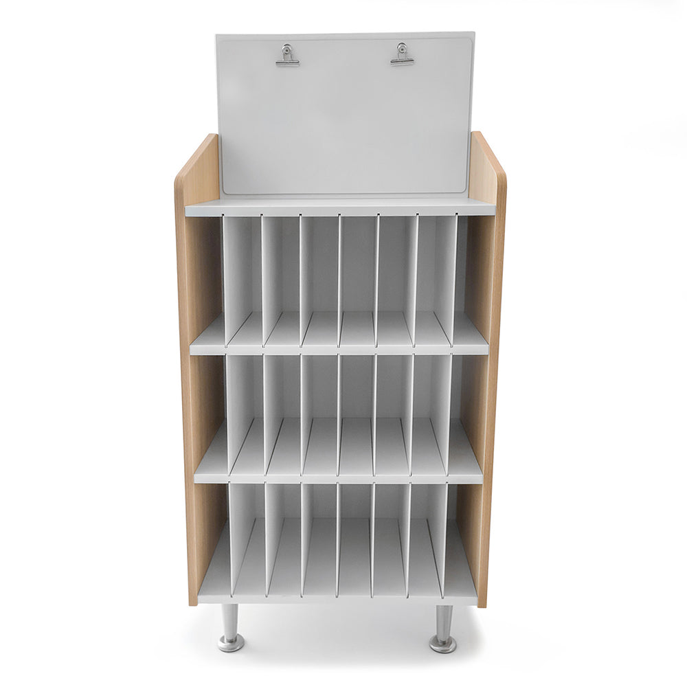 Display stand with multiple compartments on a white background