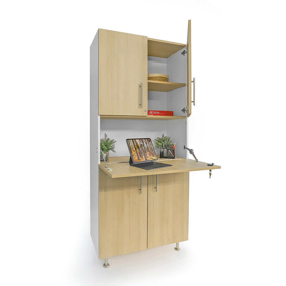 Cabinetry with a desk and open upper cabinet on a white background