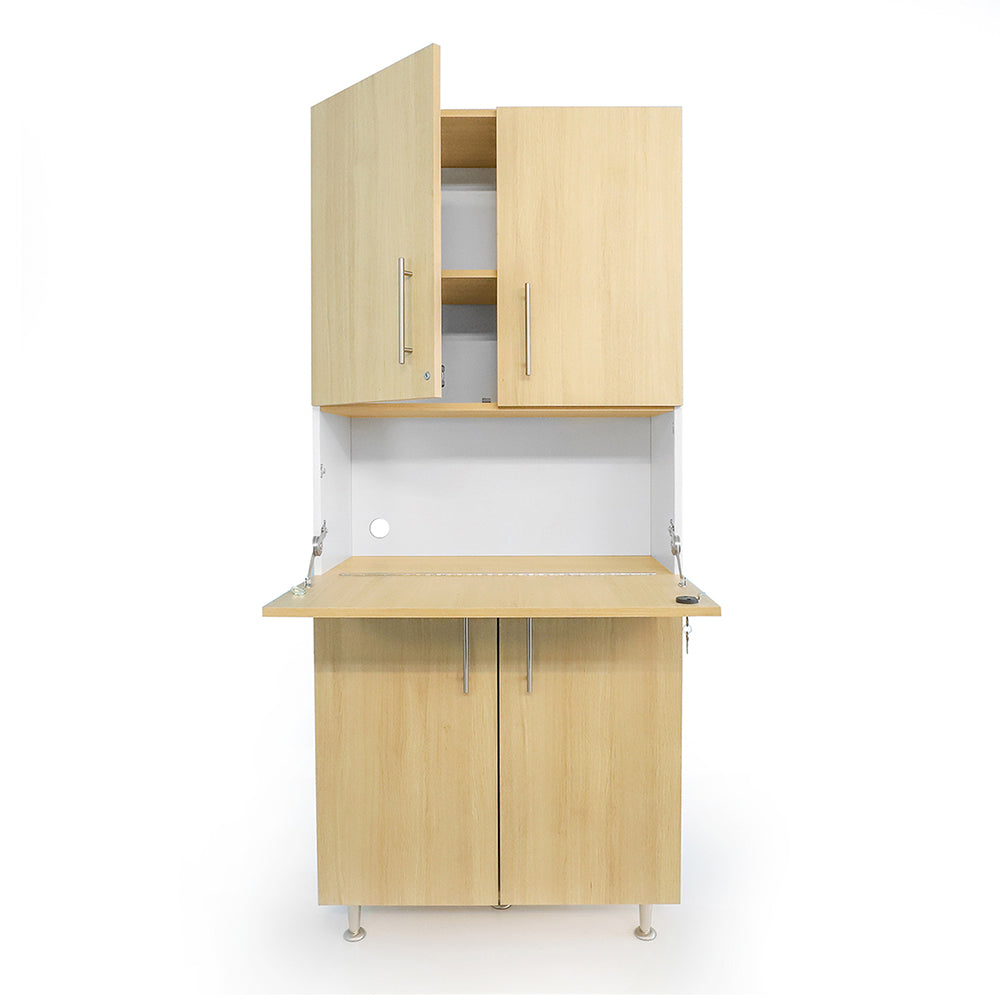 Wooden teacher cabinet with open upper and closed lower doors on a white background