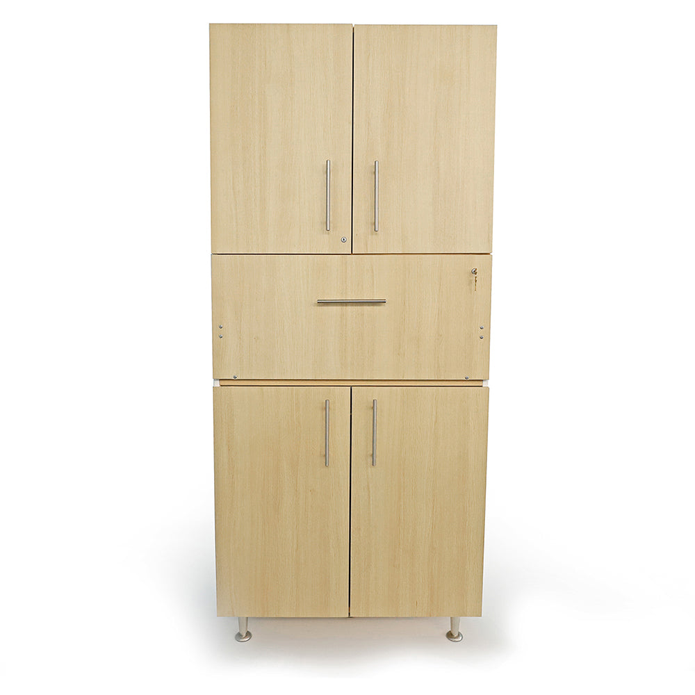 Wooden storage cabinet with multiple doors and drawers on a white background
