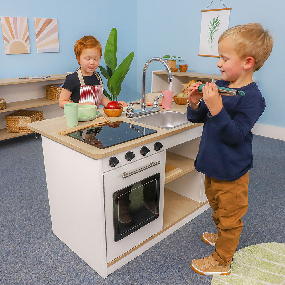 Two Kids Playing with elevatED™ Kitchen Island Breakfast Bar