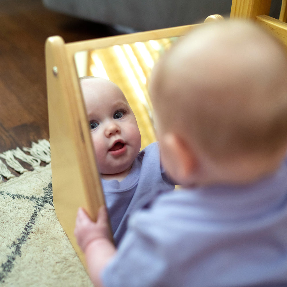 Infant Interacting with Peek-A-Boo Angled Mirror with Eco-Friendly Wooden Stand