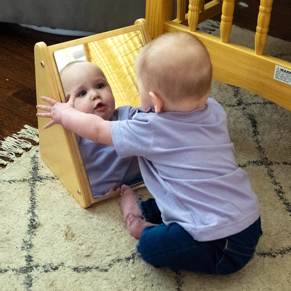 Infant Engaging with Peek-A-Boo Angled Mirror with Eco-Friendly Wooden Stand