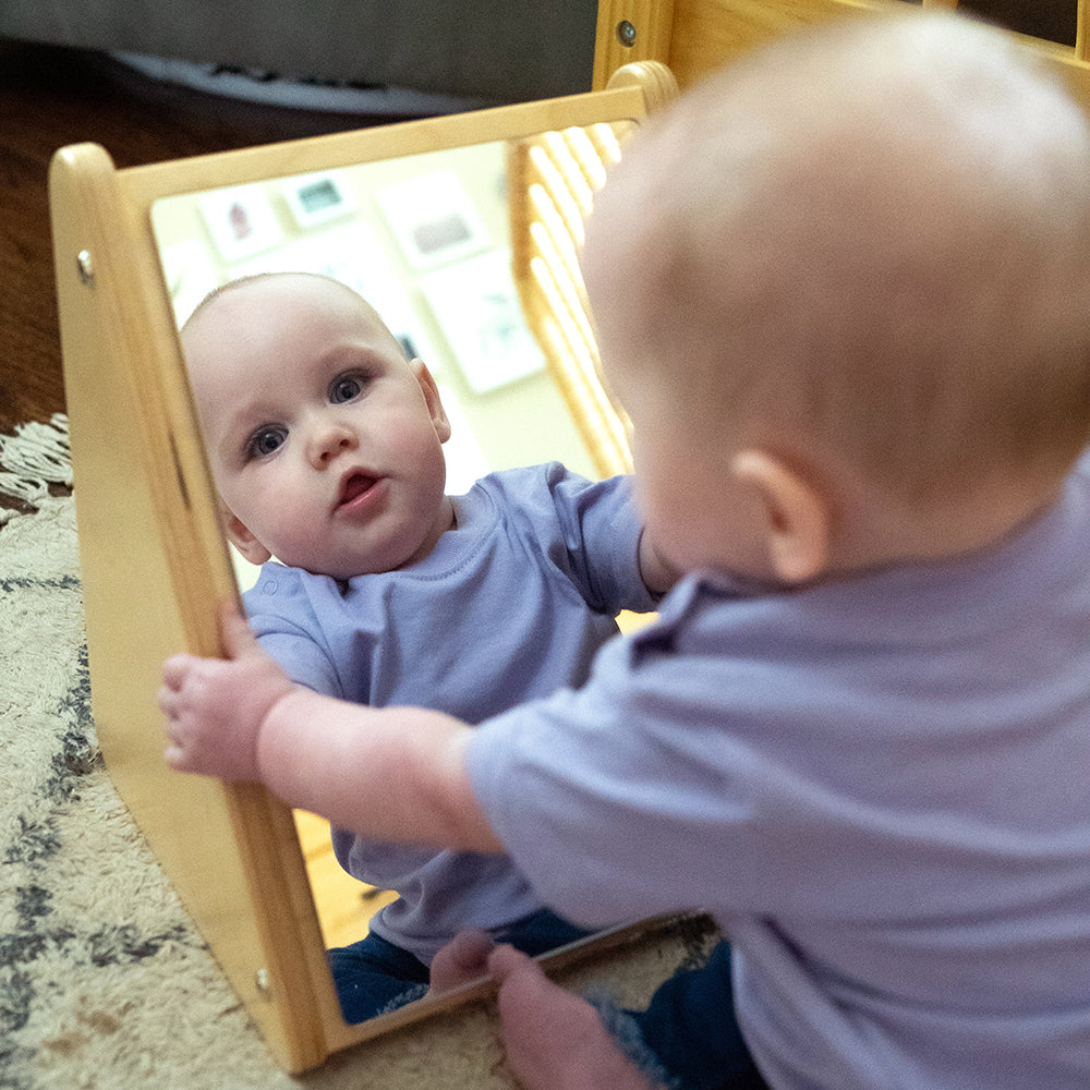 Infant Using Peek-A-Boo Angled Mirror with Eco-Friendly Wooden Stand