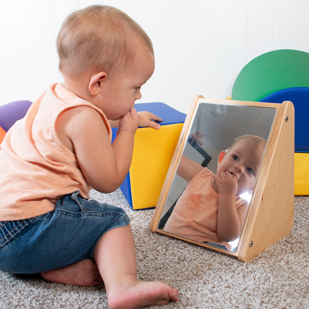 Toddler Fascinated with Peek-A-Boo Angled Mirror with Eco-Friendly Wooden Stand