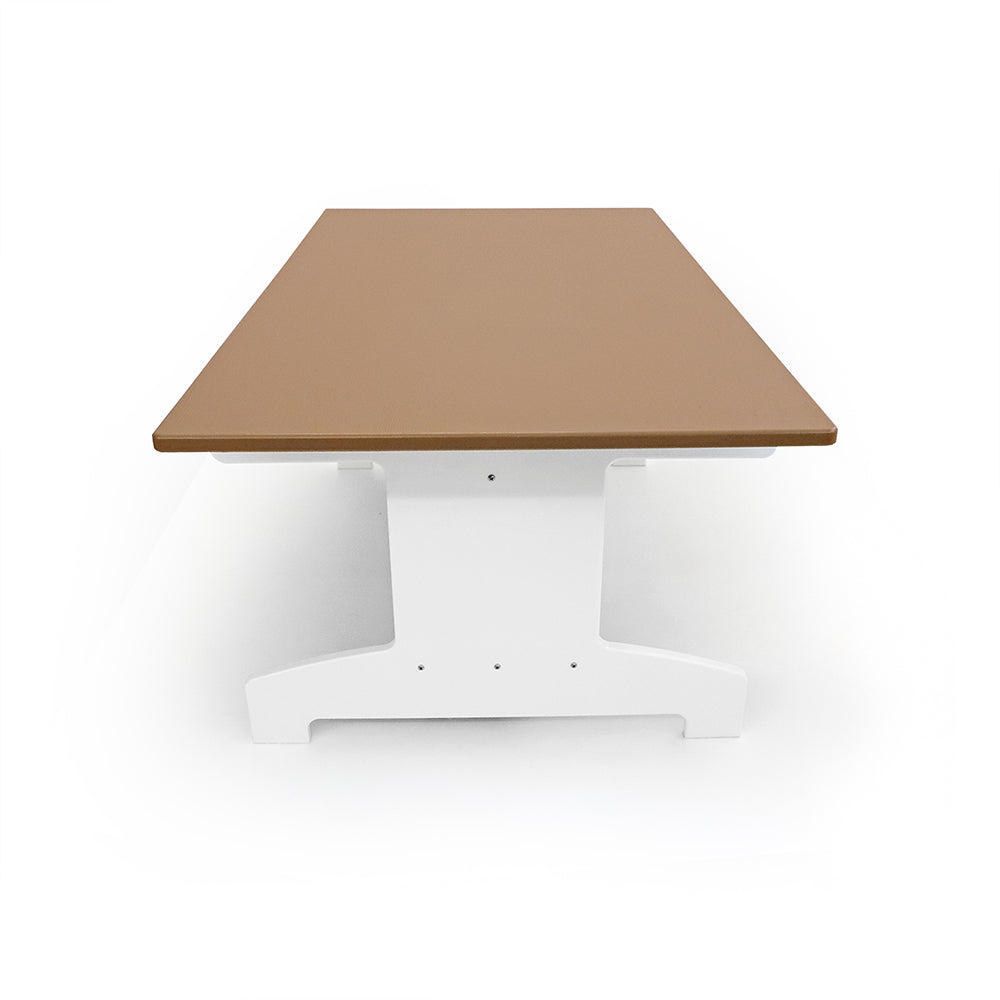 Table with a brown top and white base on a white background
