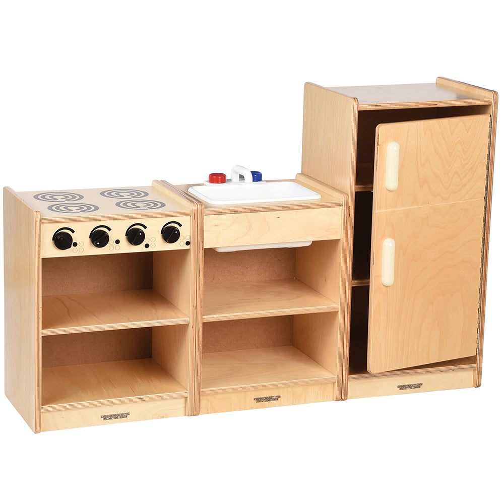 Safe Play Eco Friendly Wooden Toddler Kitchen 3 Piece Set with Stove Sink Refrigerator