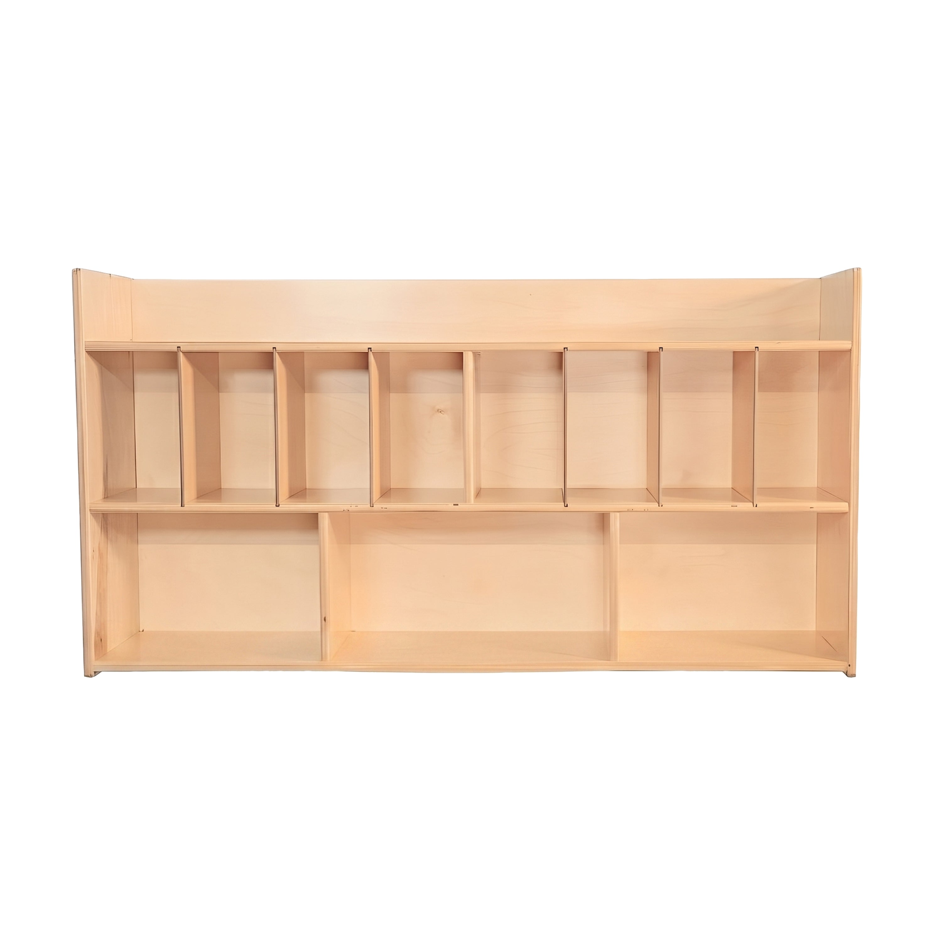 Wooden shelf with multiple compartments on a white background