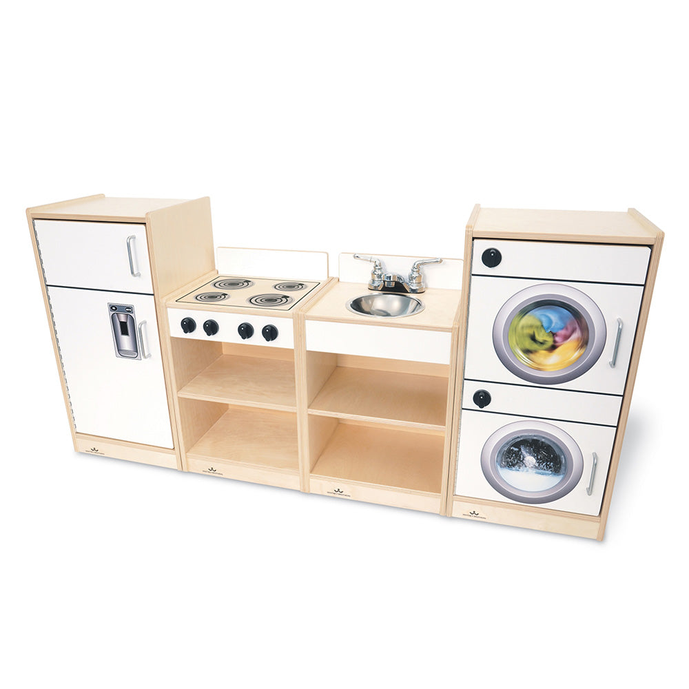 Wooden play kitchen set with toy stove, sink, and washing machine on a white background