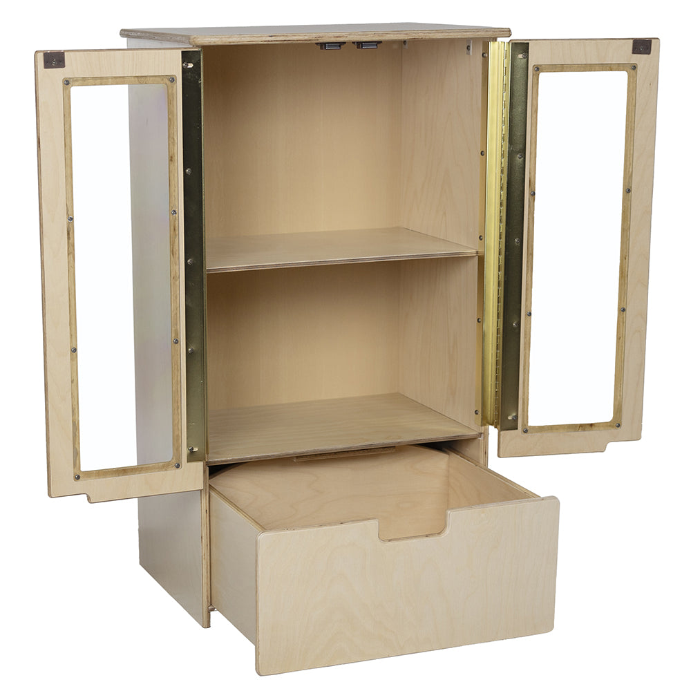 Kid-Sized Cottage-Style Toy Refrigerator with Open Cabinet Doors