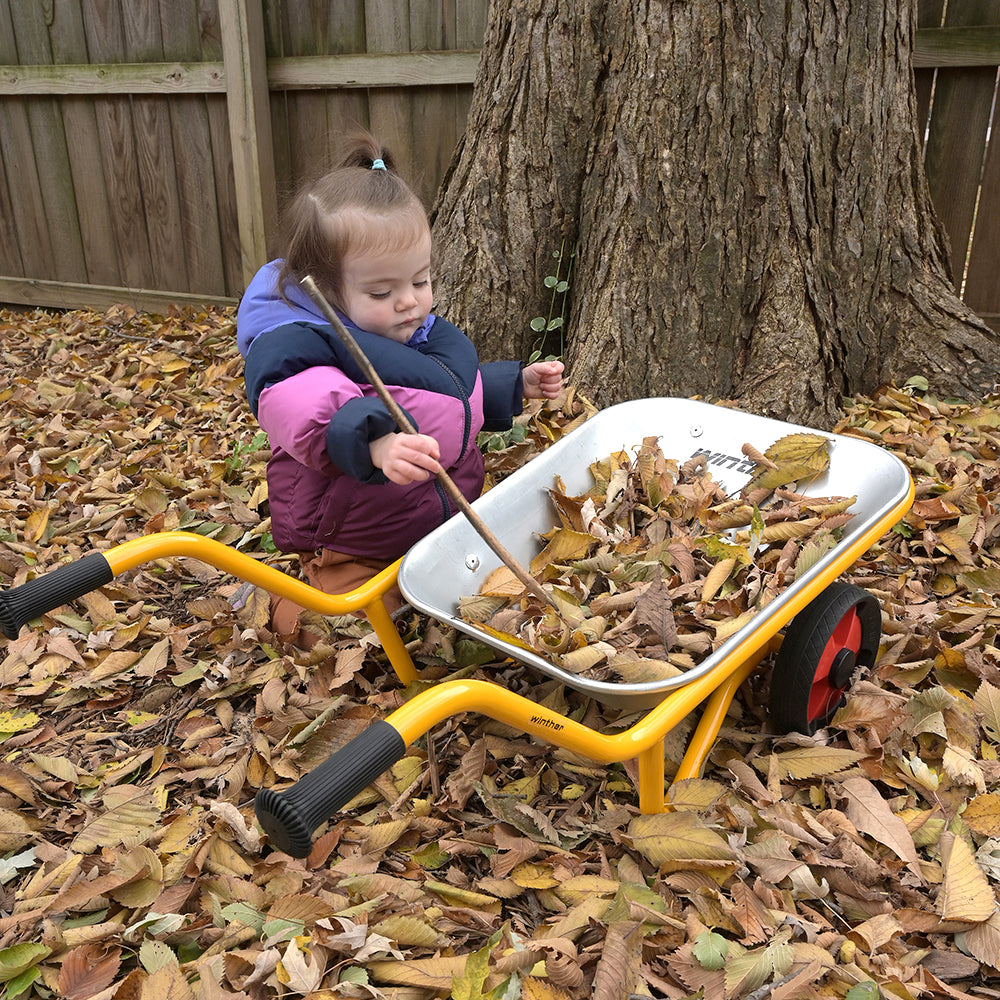 Child Having Outdoor Fun with Wheelbarrow