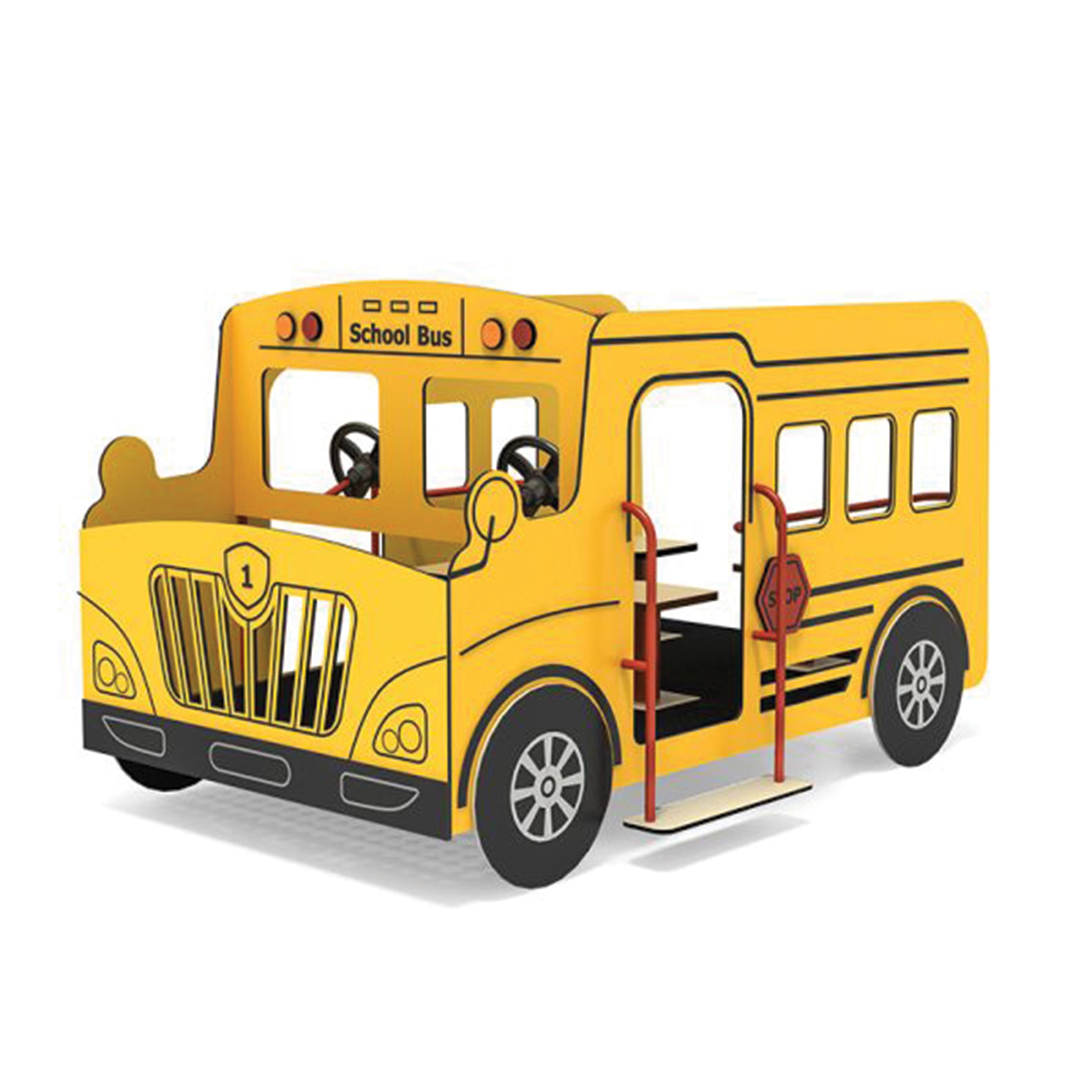 Yellow school bus-shaped play structure on a white background
