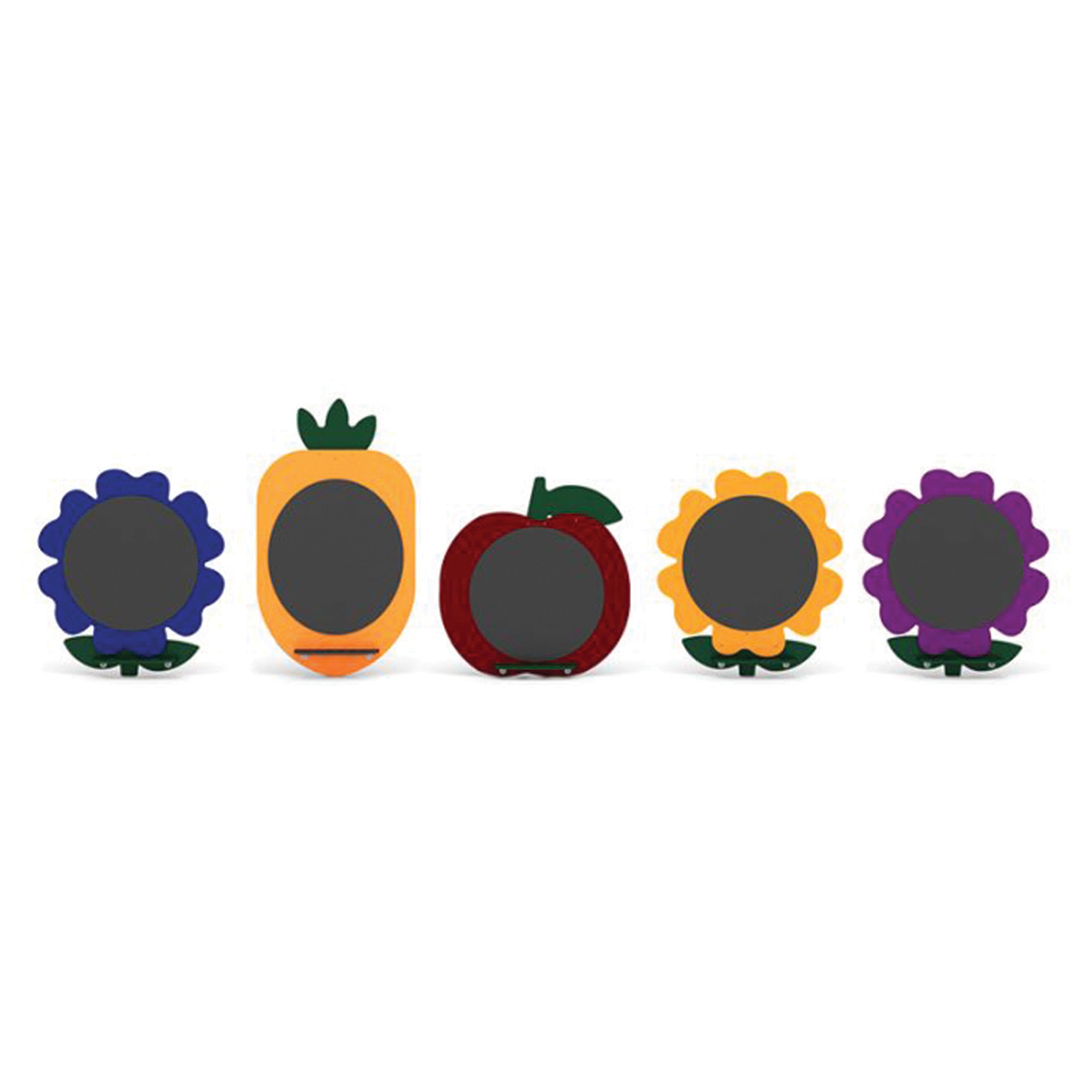 Five colorful flower-shaped chalkboards on a white background