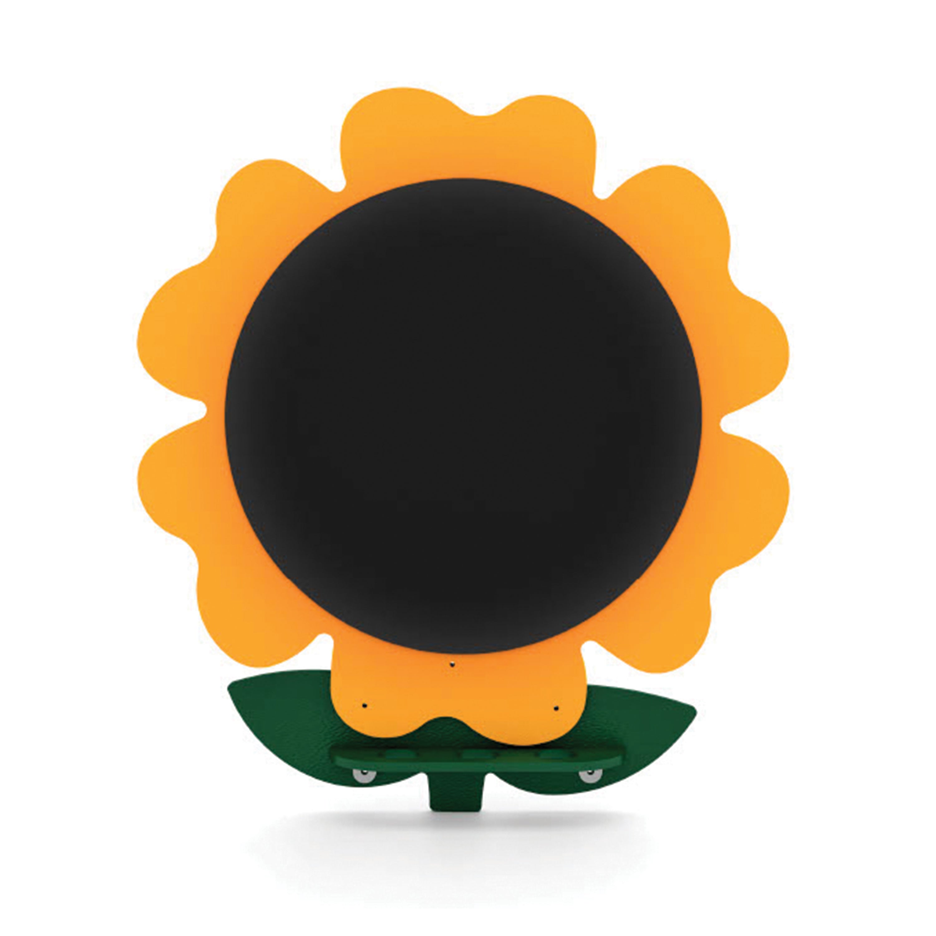 Sunflower-shaped blackboard with orange petals and green base on a white background
