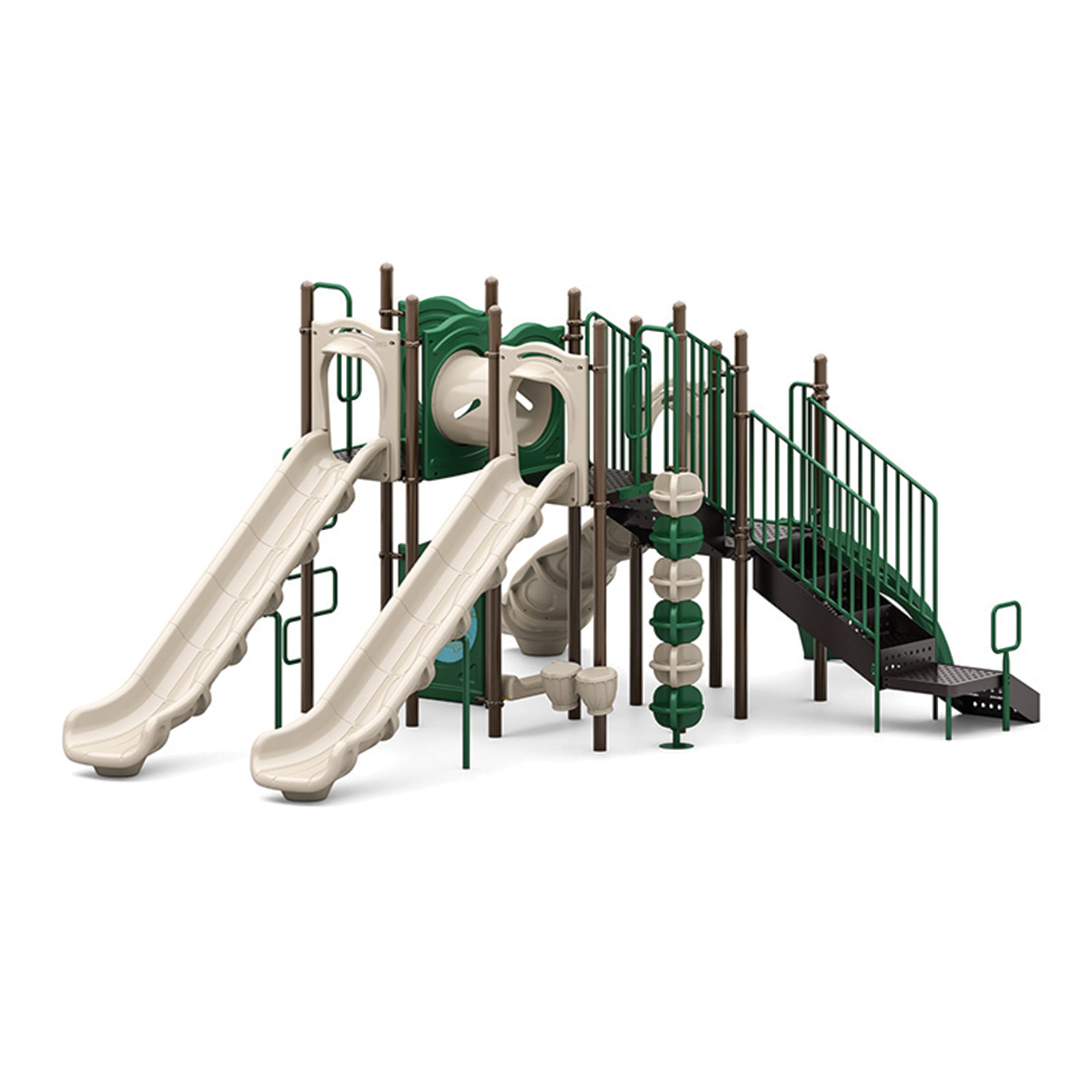 Playground structure with slides and climbing elements on a white background