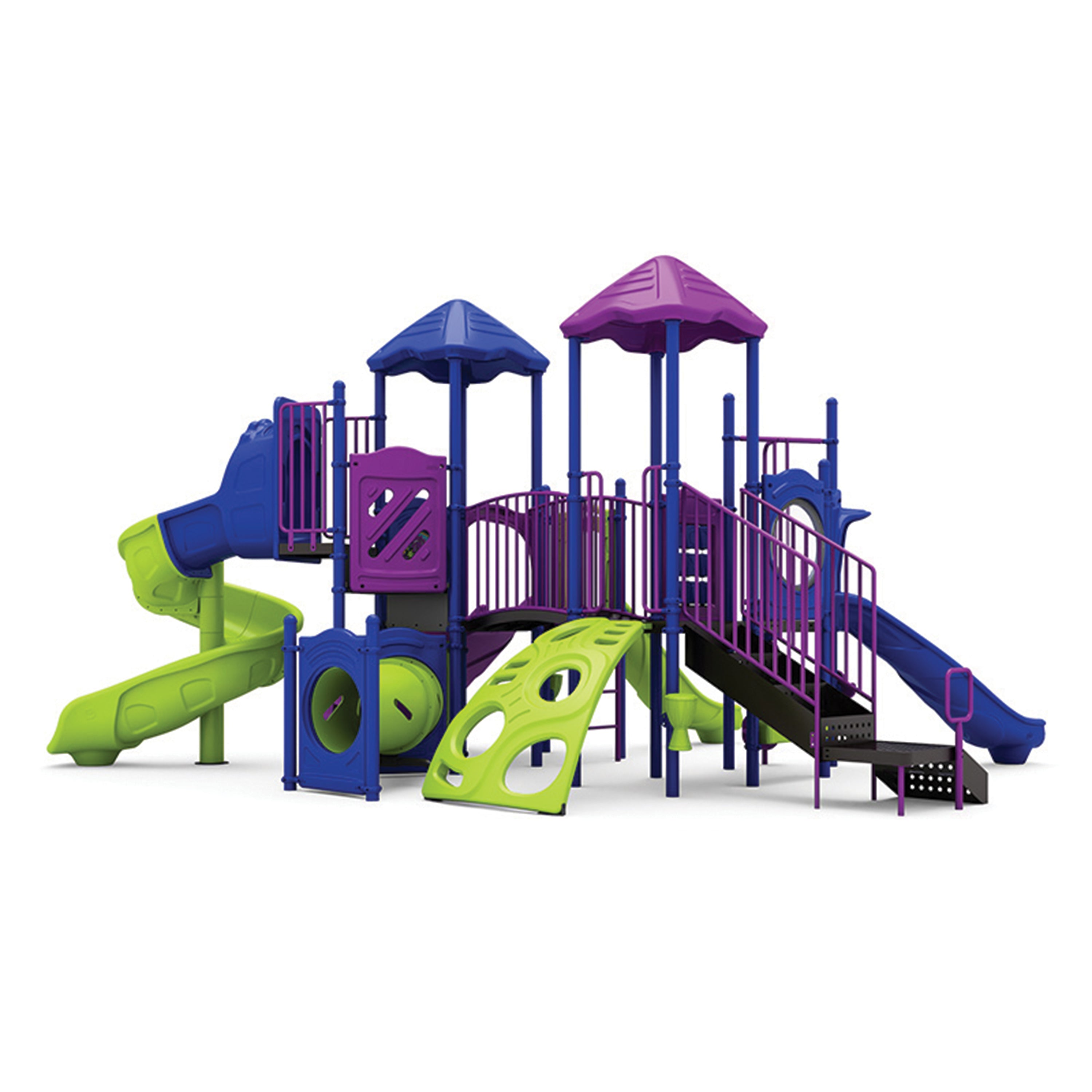Colorful playground structure with slides and play elements on a white background
