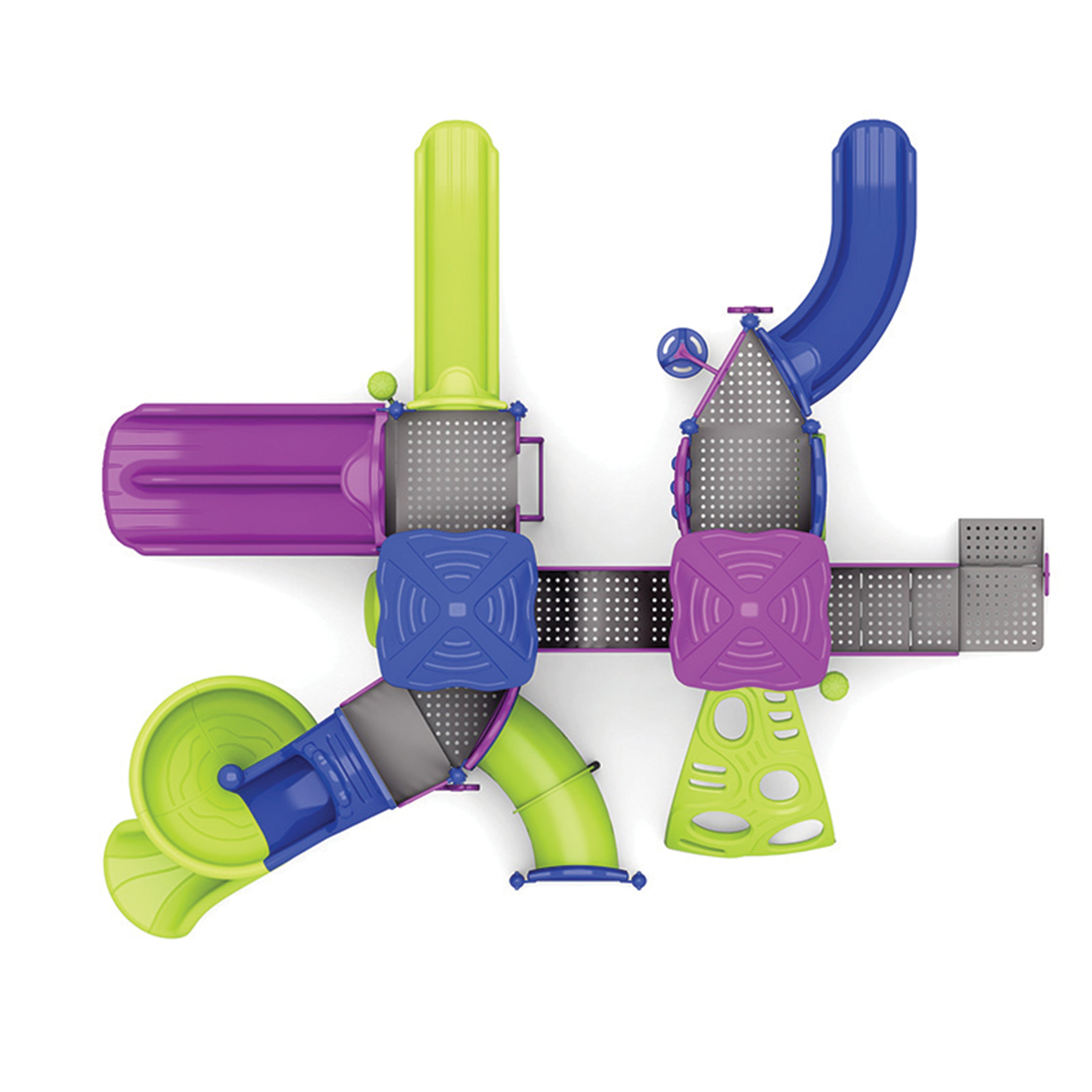 Top view of Colorful playground structure with various play elements on a white background