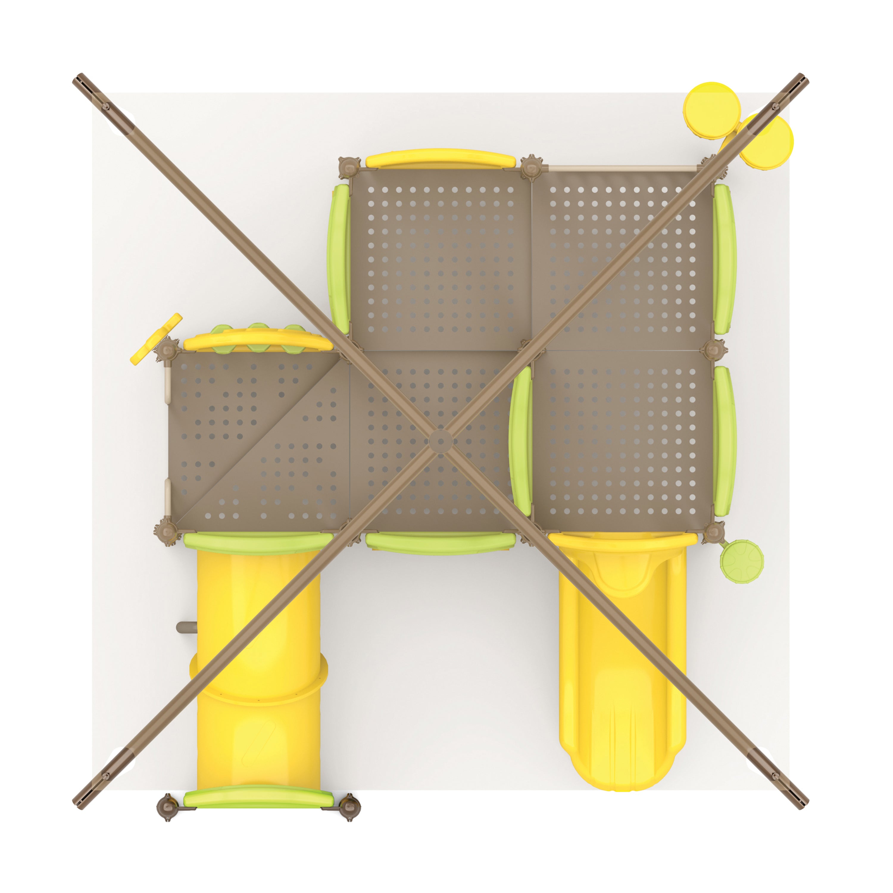 top view of playground structure with green and yellow design on a white background