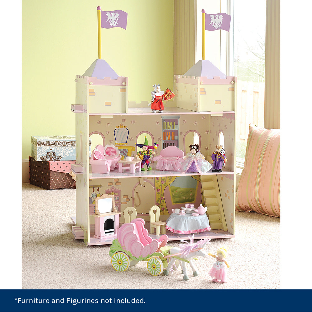 Castle dollhouse with wooden figurines in children's playroom