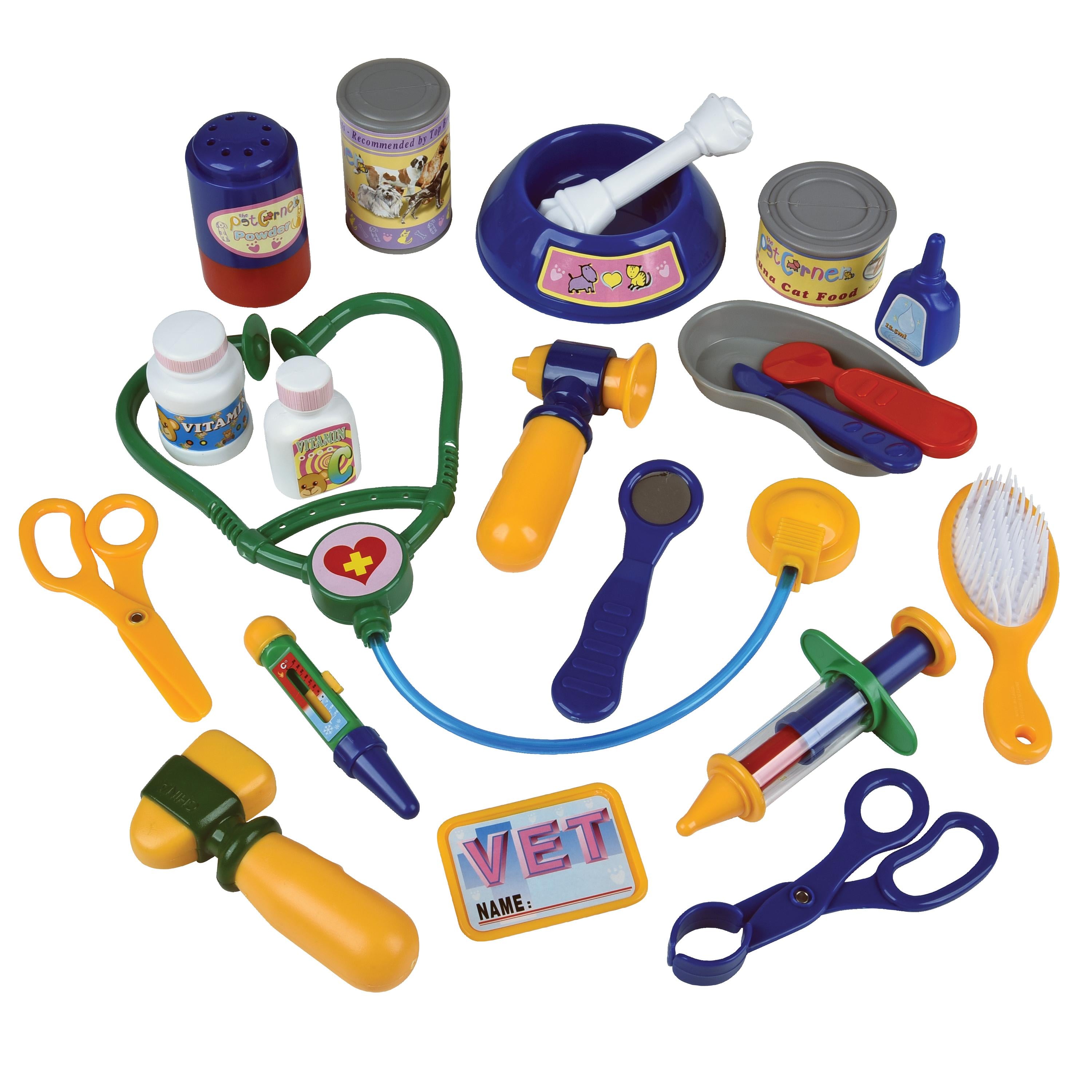 Colorful toy vet kit with various tools on a white background