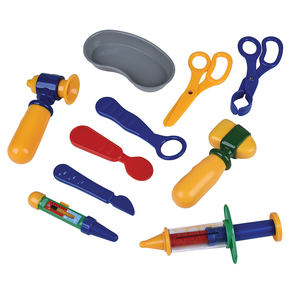 Set of colorful children's play vet tools on a white background