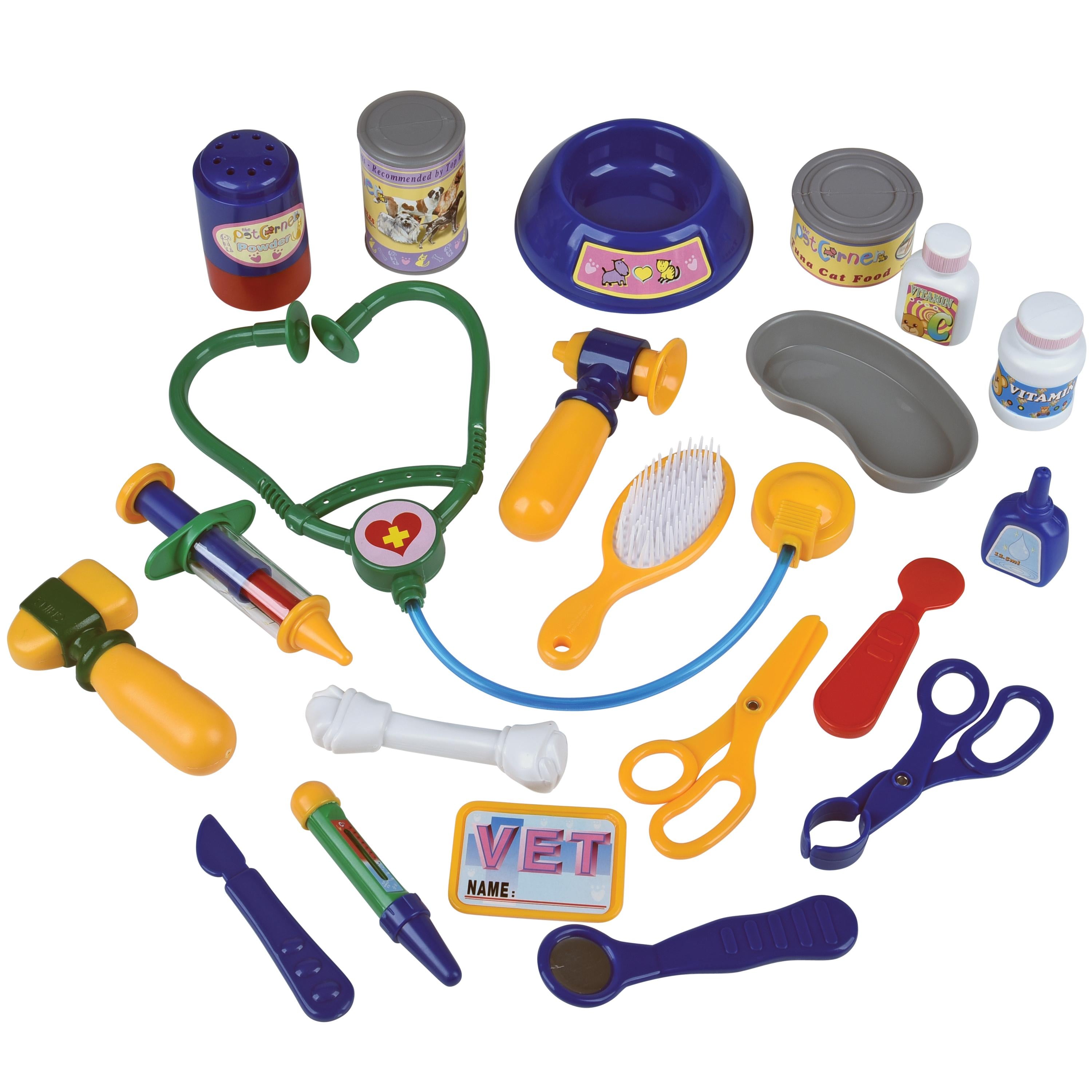 Colorful toy vet kit with various tools on a white background