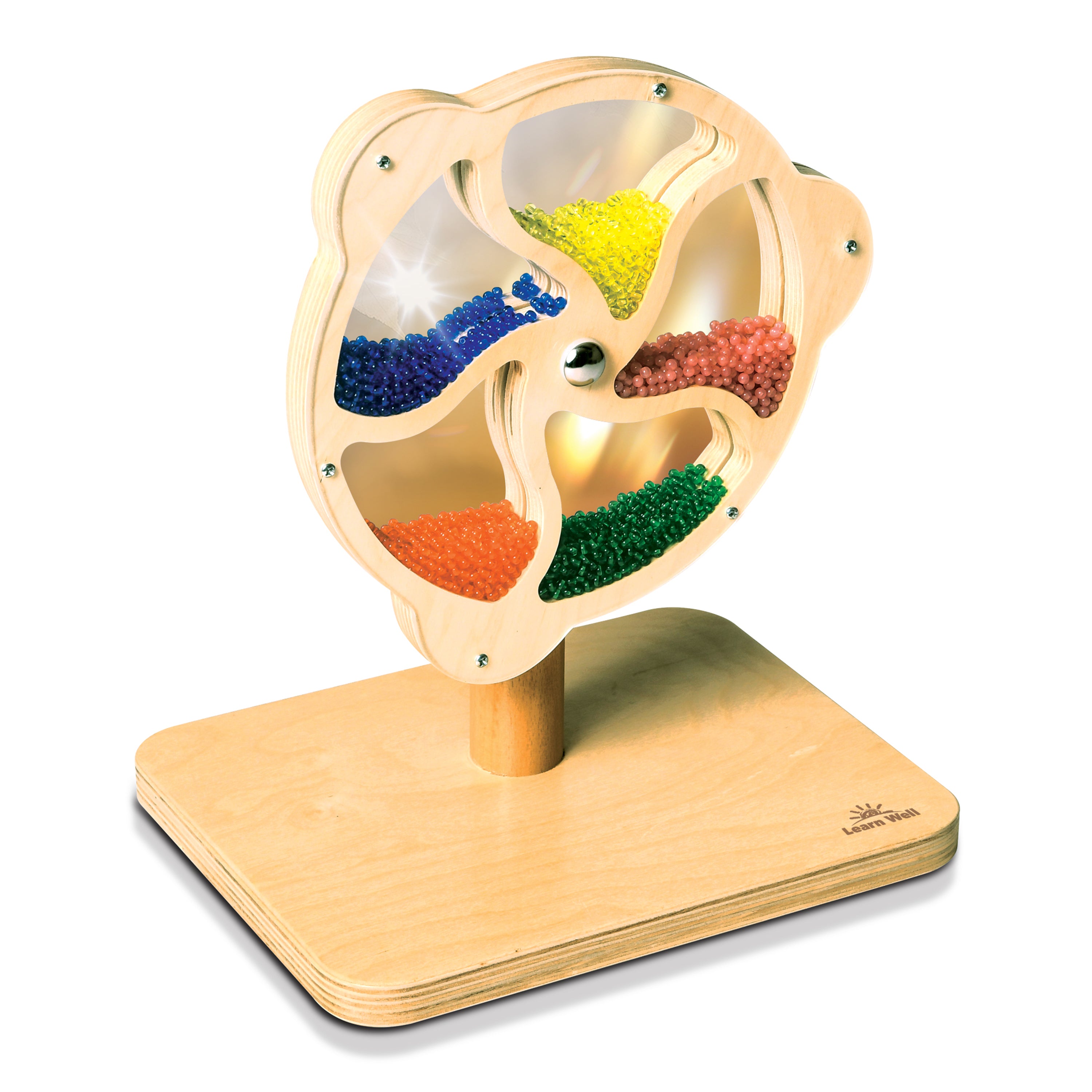 Wooden sensory toy with colorful beads on a white background