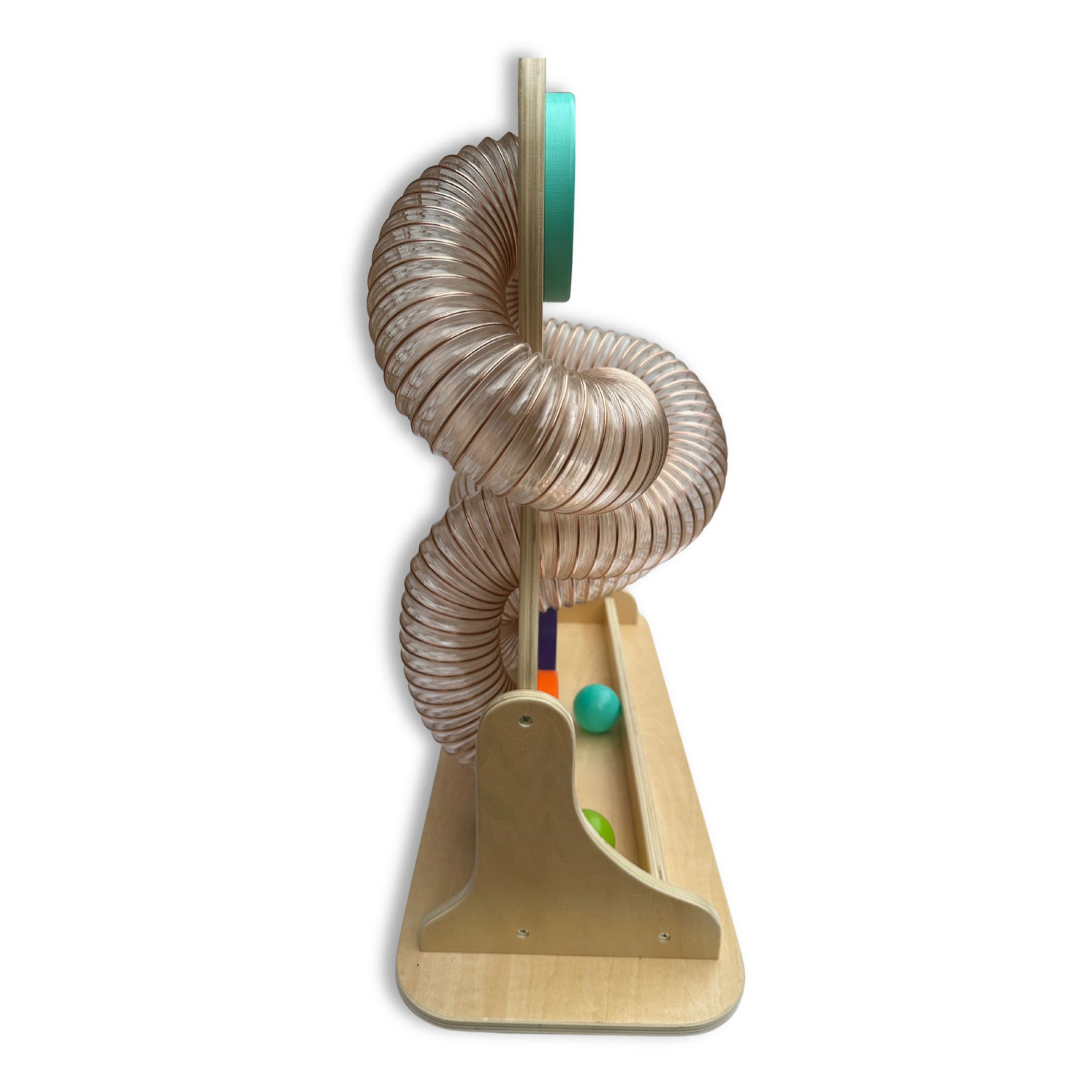 Wooden kids toy with a coiled tunnel and platform on a white background
