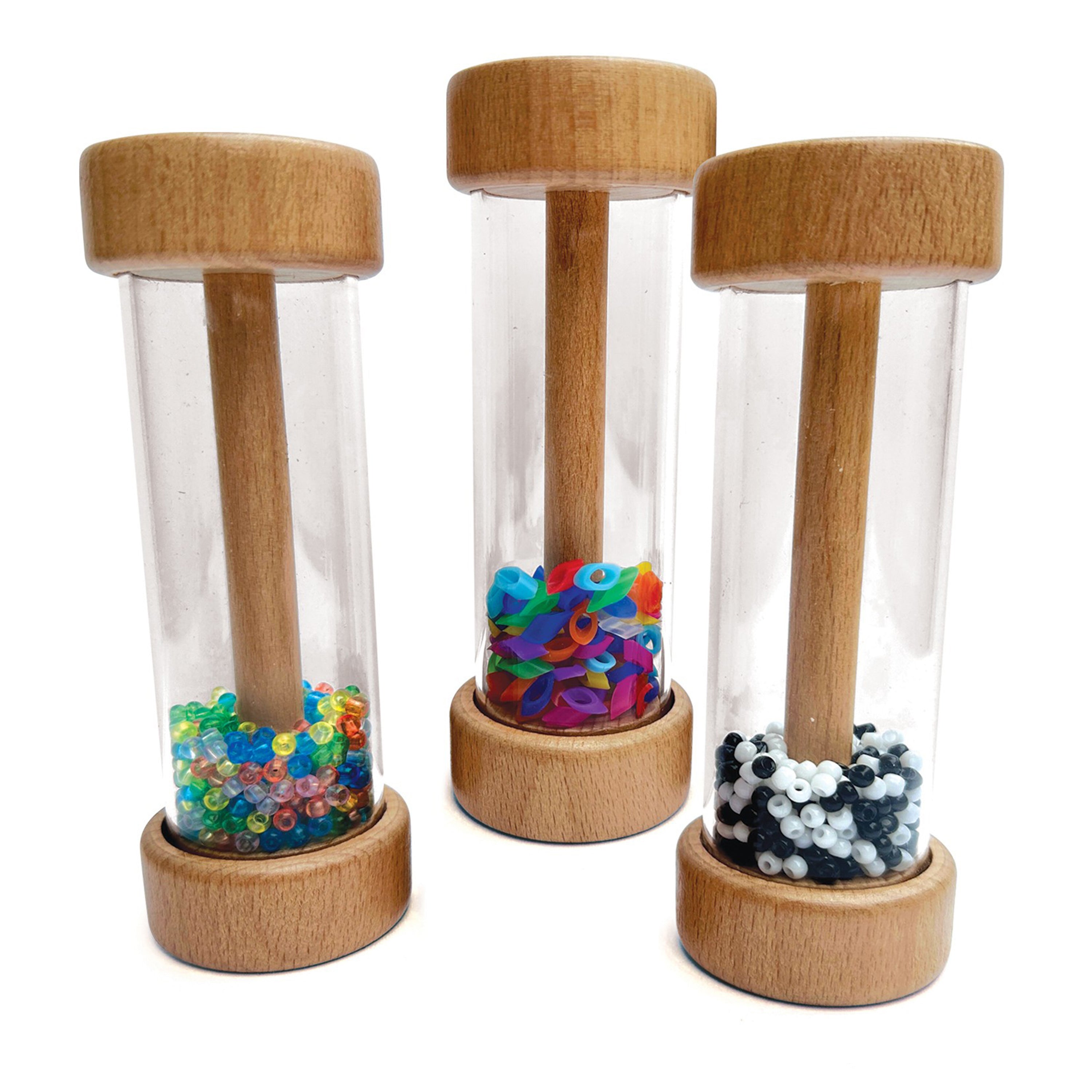 Three plastic containers with wooden lids and bases, each filled with colorful beads.