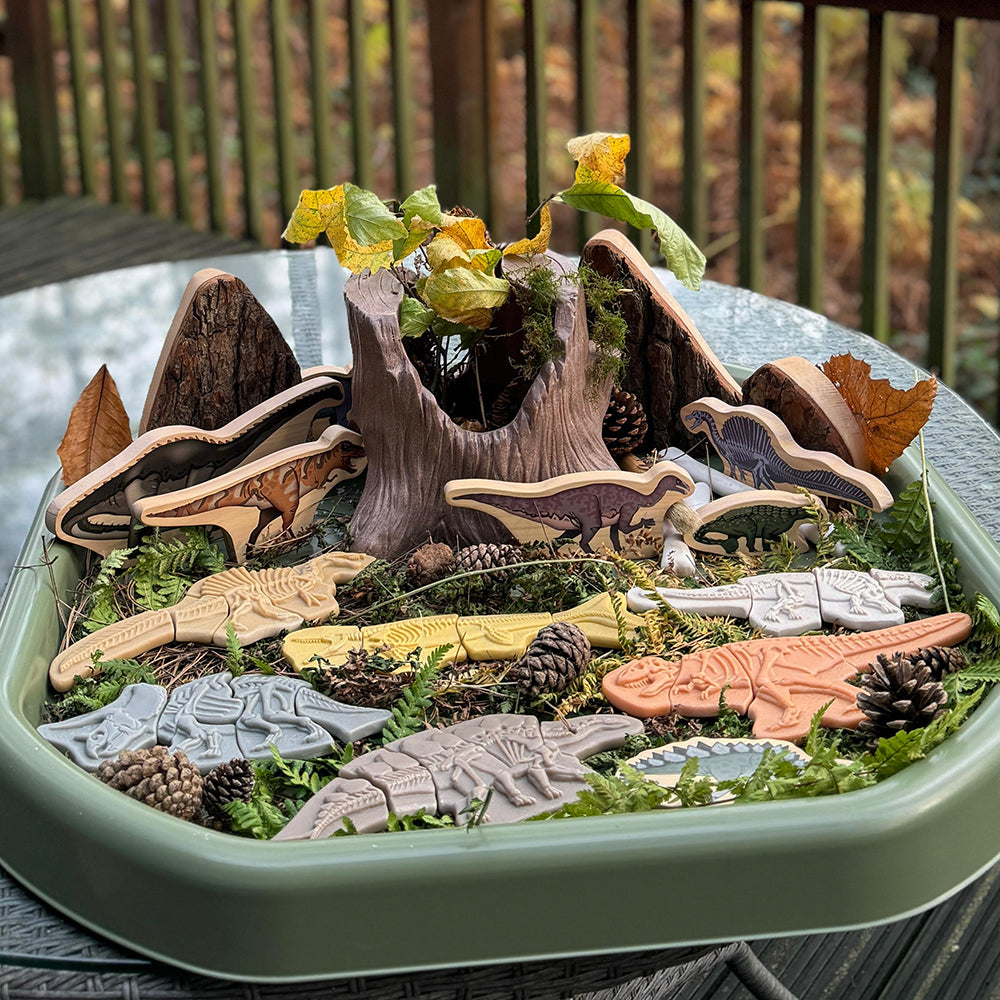 Dinosaur Fossil Puzzle Set Against a Nature Backdrop