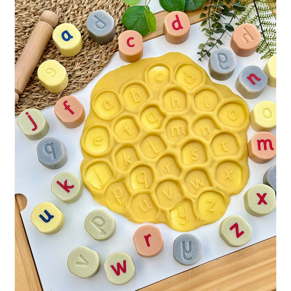 Using Tactile Lowercase Alphabet Stamping Stones with Modeling Dough