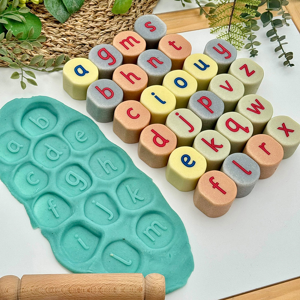 Using Tactile Lowercase Alphabet Stamping Stones with Modeling Dough