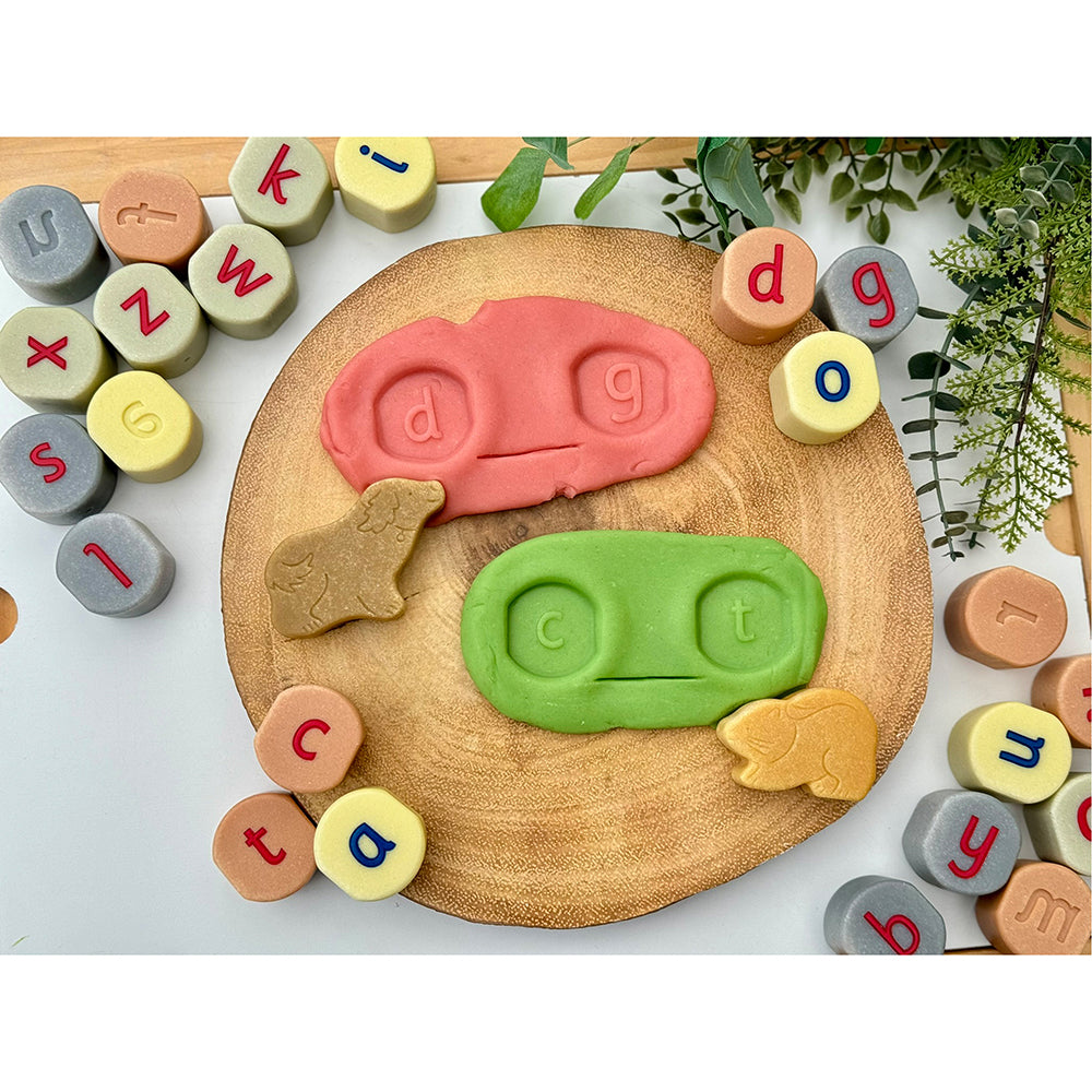 Stamping with Tactile Lowercase Alphabet Stones in Modeling Dough