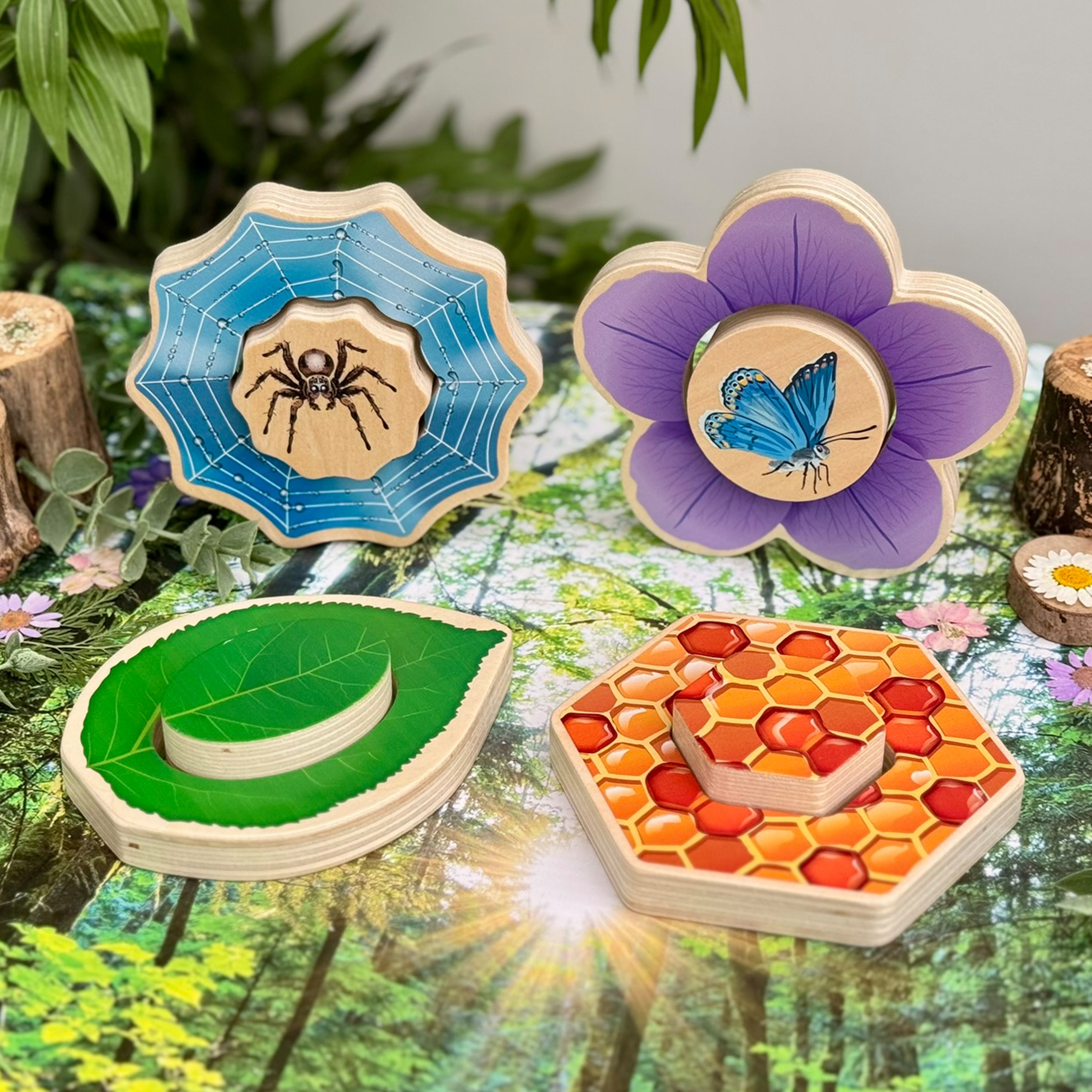 Four wooden toys shaped like a spider, butterfly, leaf, and honeycomb on a natural background.