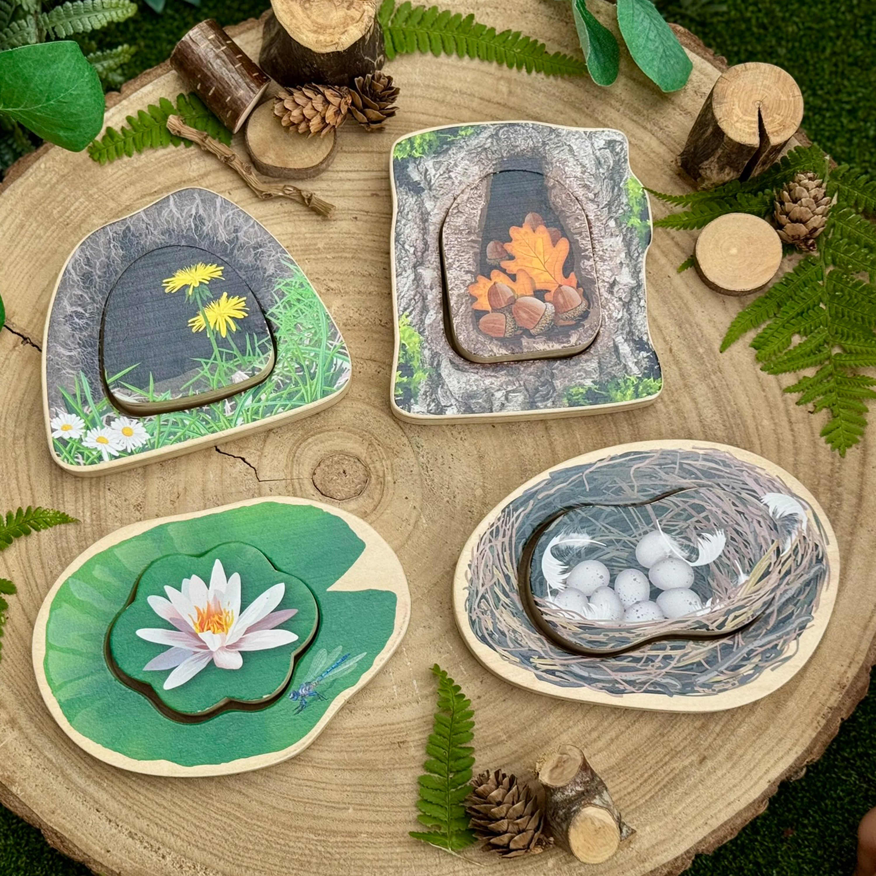 Set of nature-themed puzzles on a wooden surface with foliage.