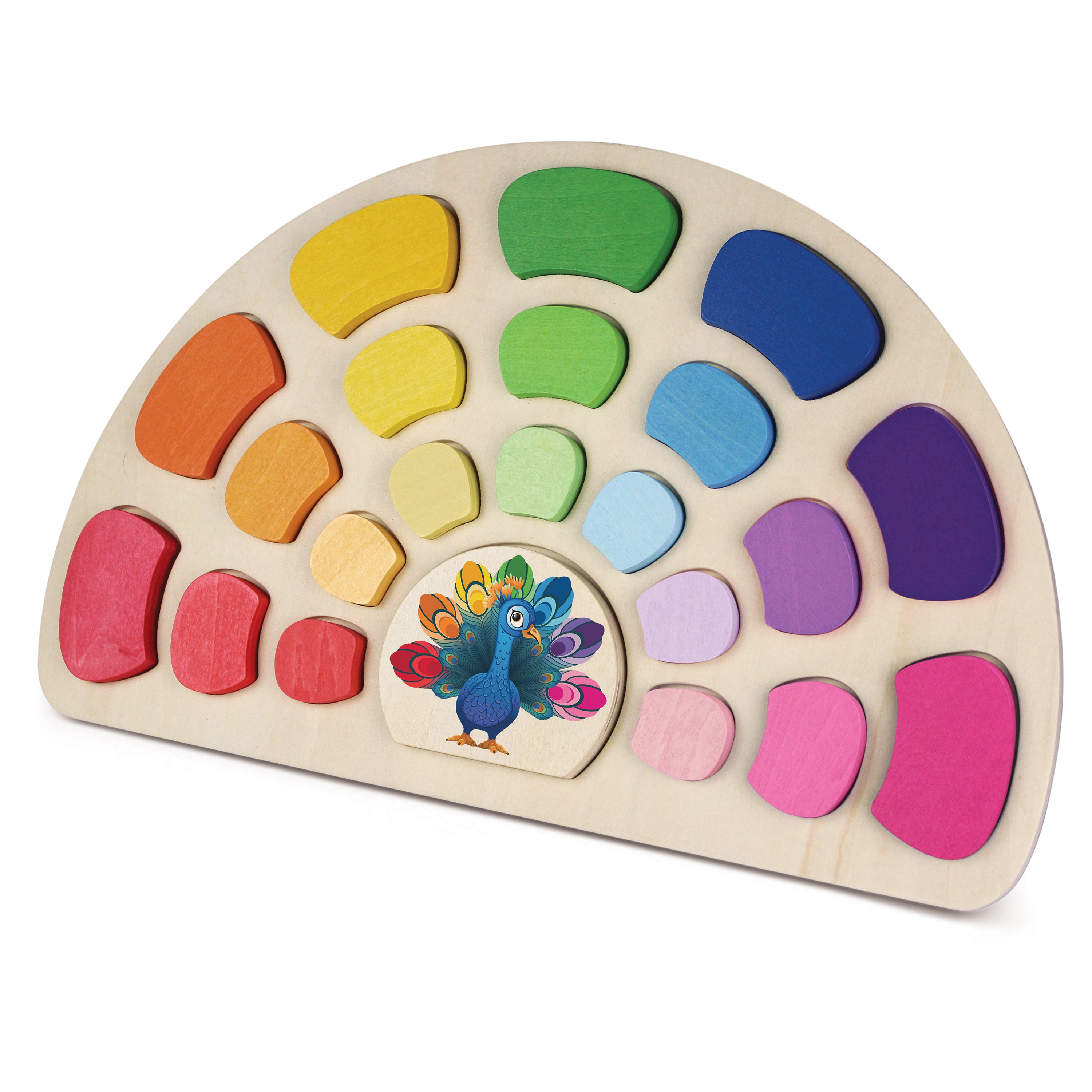 Wooden color sorting toy with rainbow-colored pieces on a white background