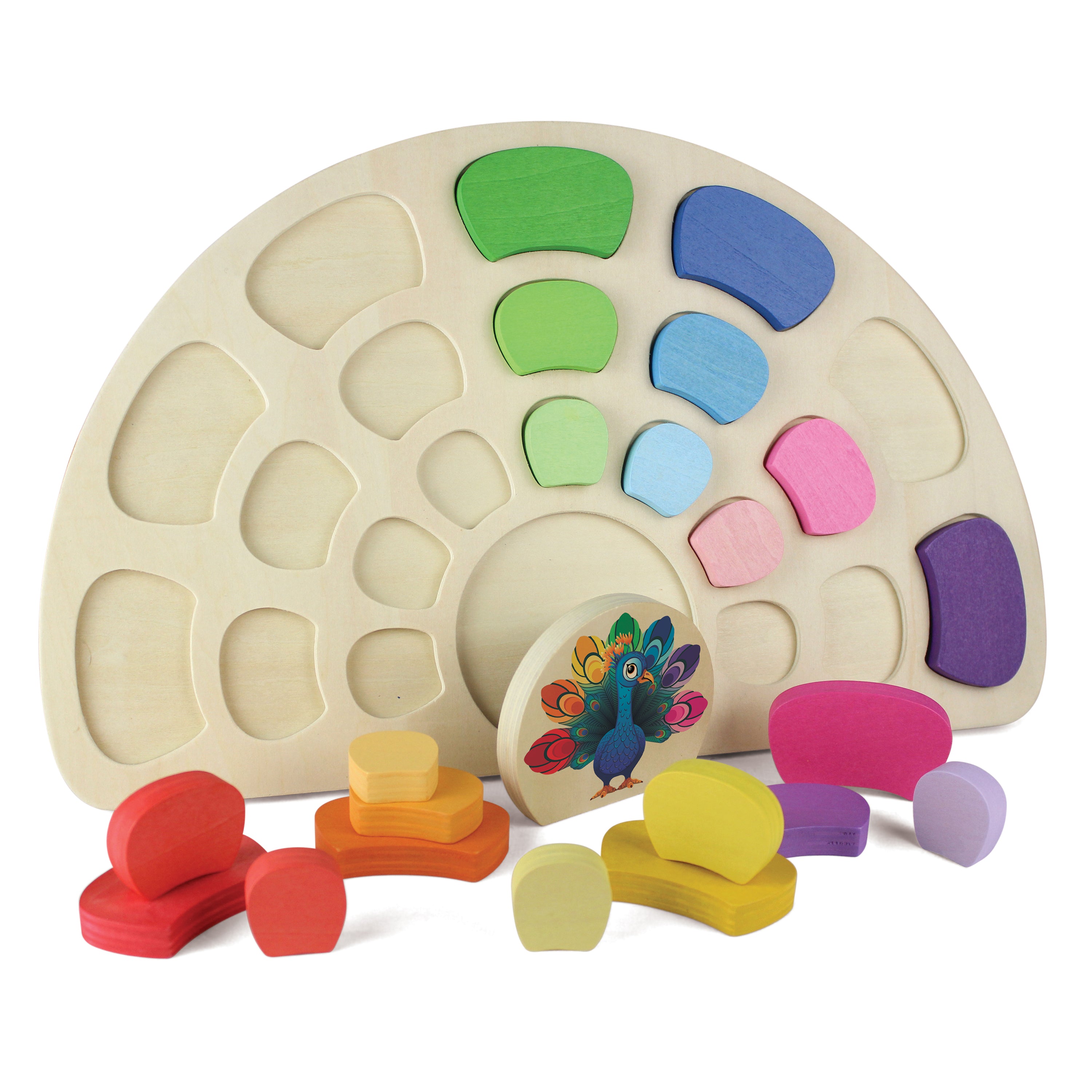 Colorful wooden shape sorting toy with a wooden palette on a white background