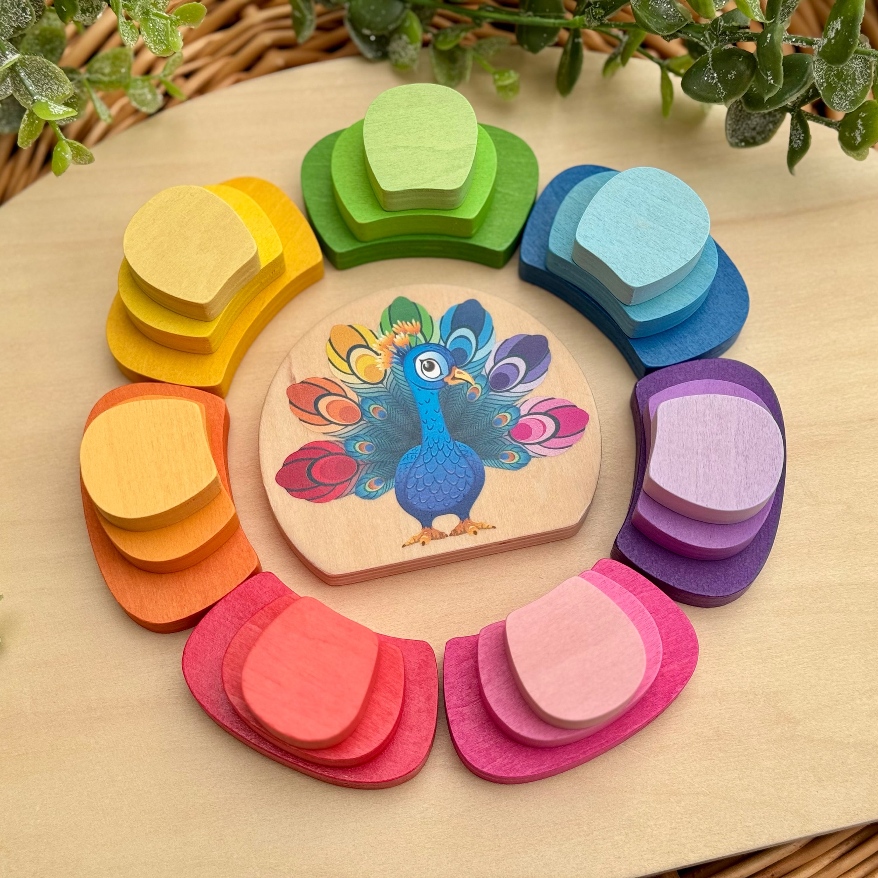 Colorful wooden pebble set with a peacock illustration on a wooden surface.