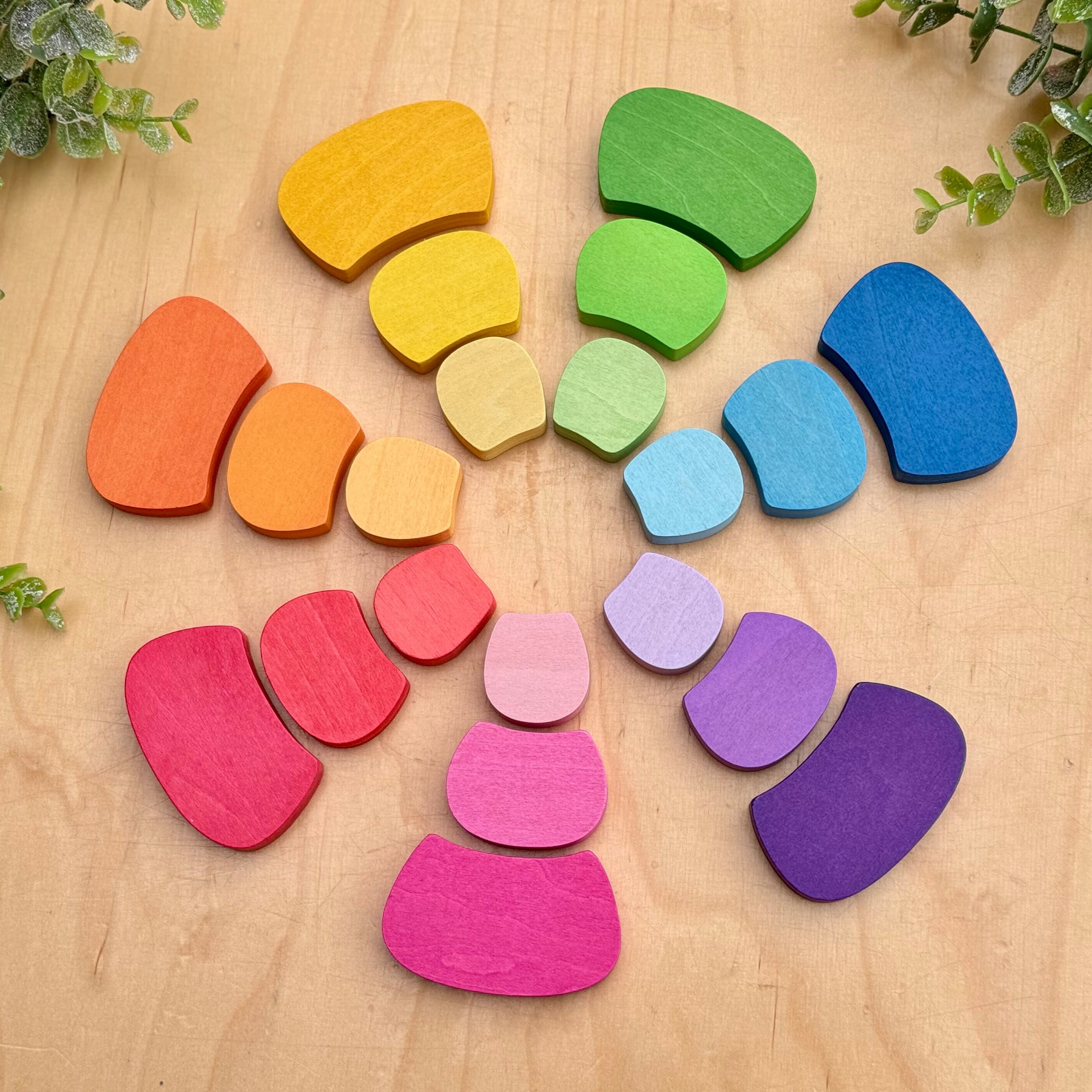 Colorful wooden stones arranged in a circular pattern on a wooden surface.