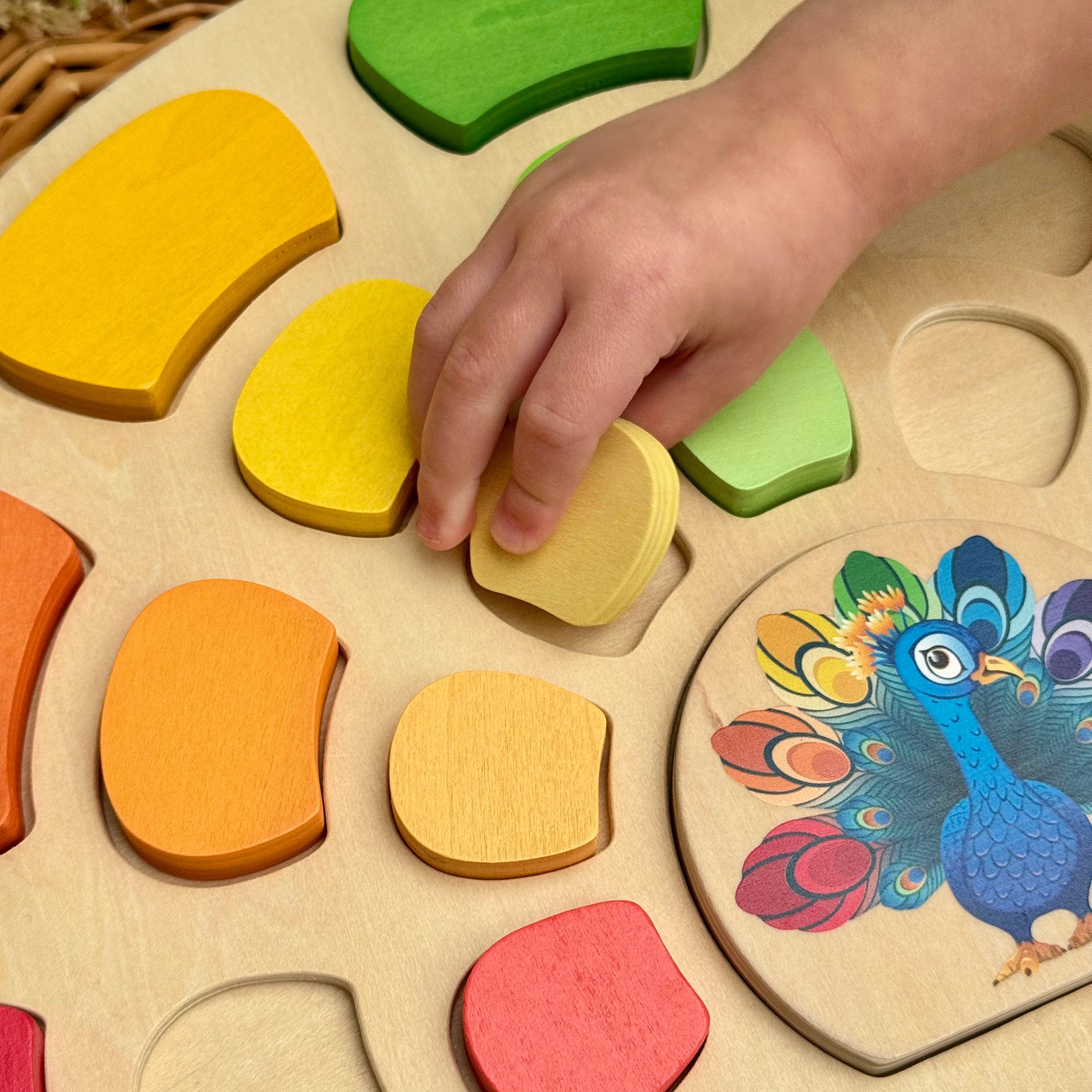 Child's hand interacting with a colorful wooden puzzle featuring a peacock illustration.
