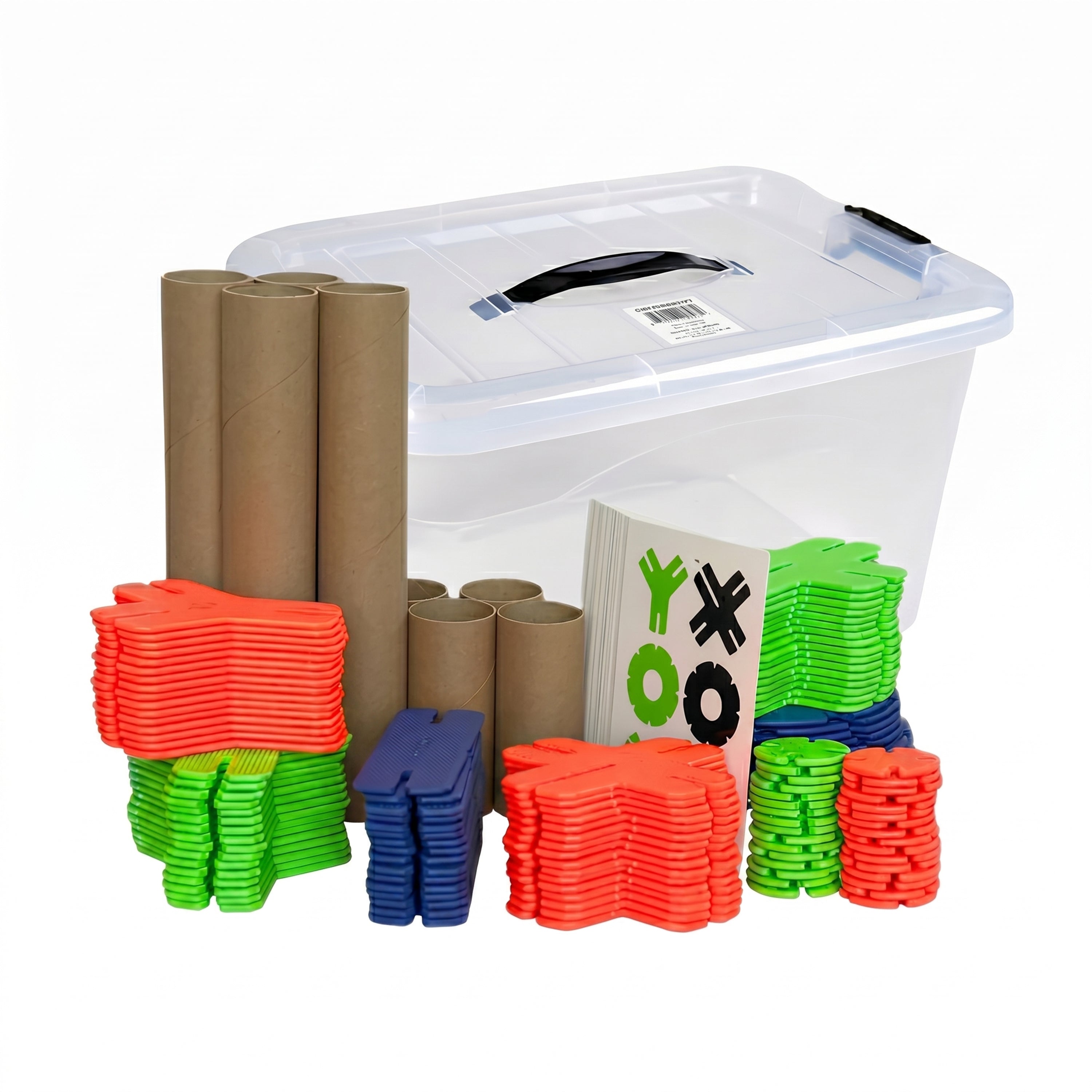 Clear storage container with cardboard tubes, colorful foam shapes, and educational materials on a white background.