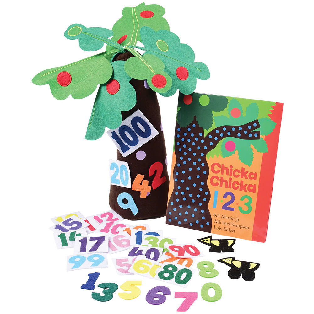 A set including a fabric tree with numbers and a hardcover book titled 'Chicka Chicka 123'.