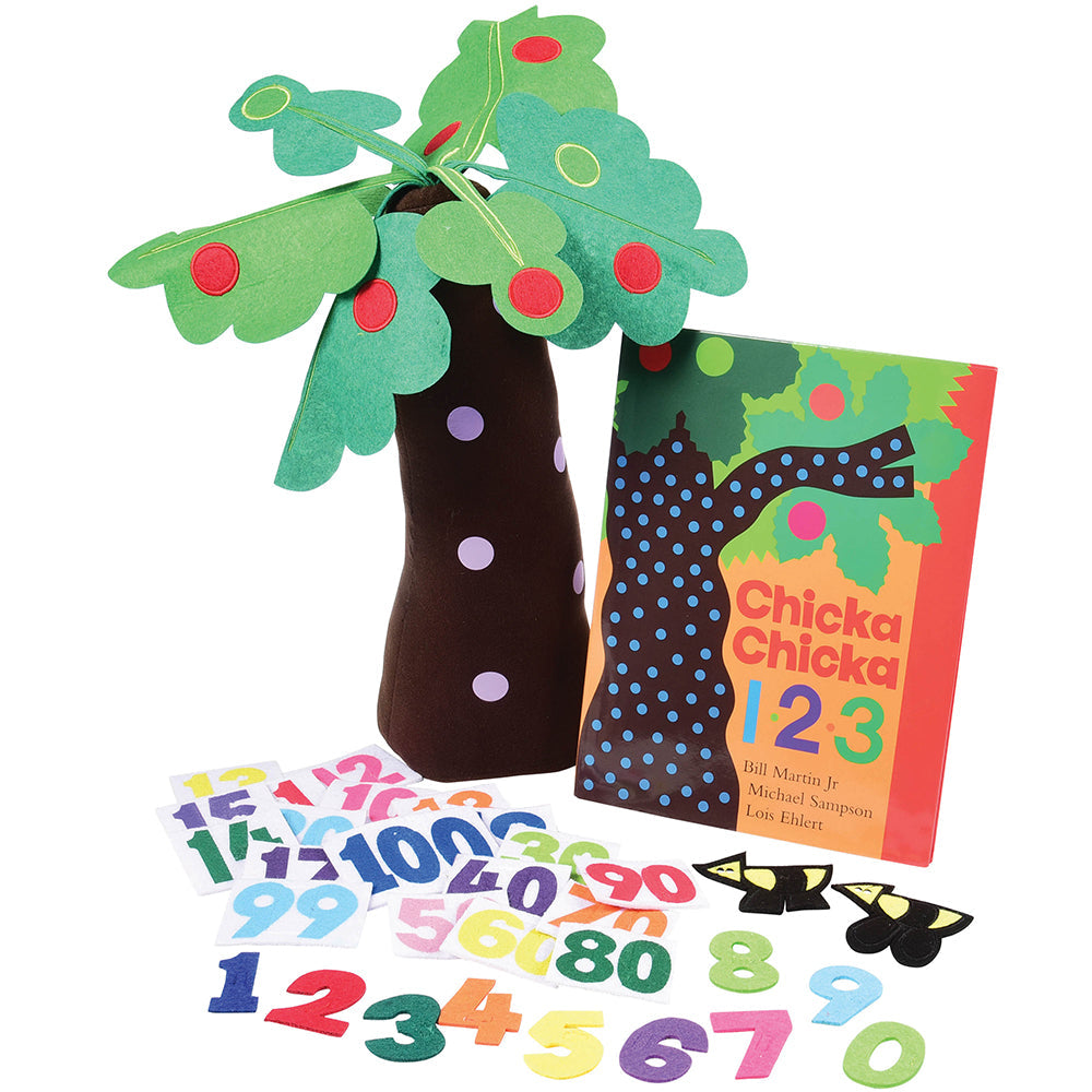 A set including a fabric tree with numbers and a hardcover book titled 'Chicka Chicka 123'.