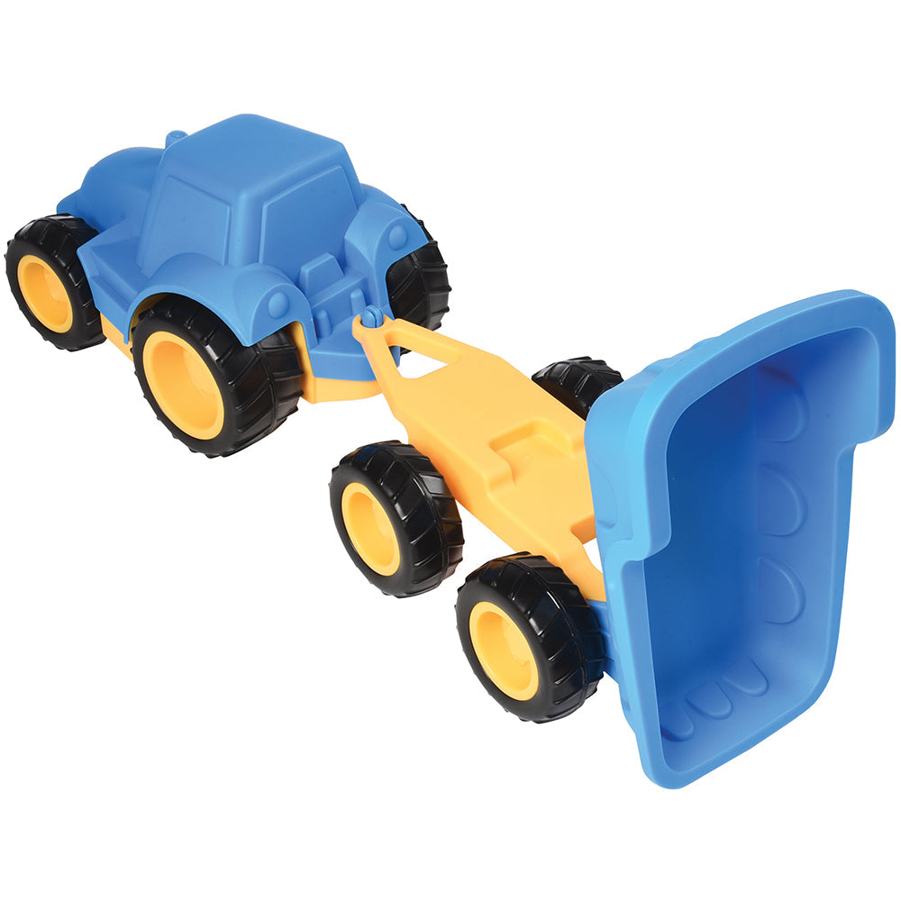 Toy dump truck with blue body, yellow wheels, and black tires on a white background