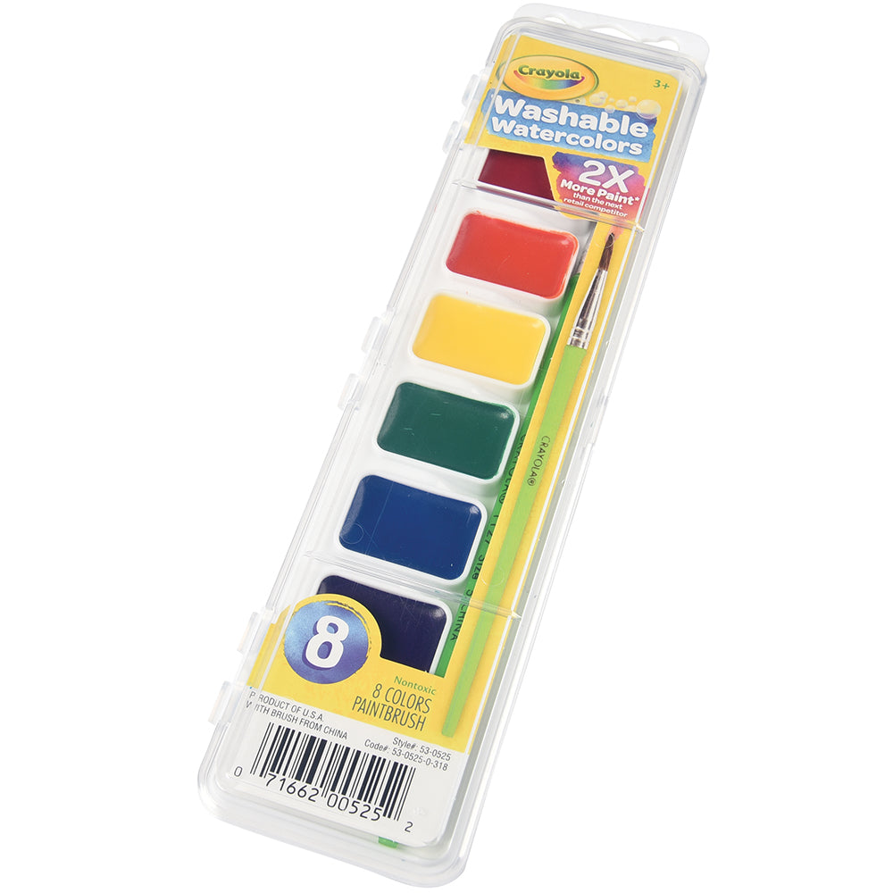 Crayola Washable Watercolor Paint set with 8 classic colors and a paintbrush, packaged in a clear plastic case.