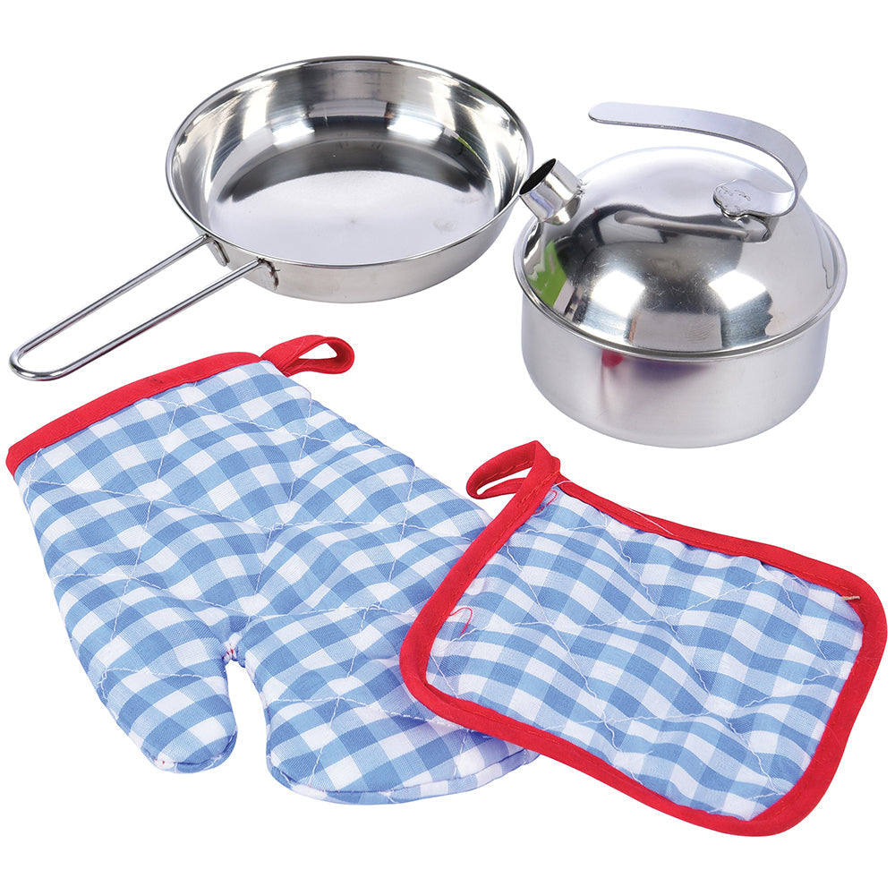 Child-sized Stainless Steel Pans with Cloth Oven Mits