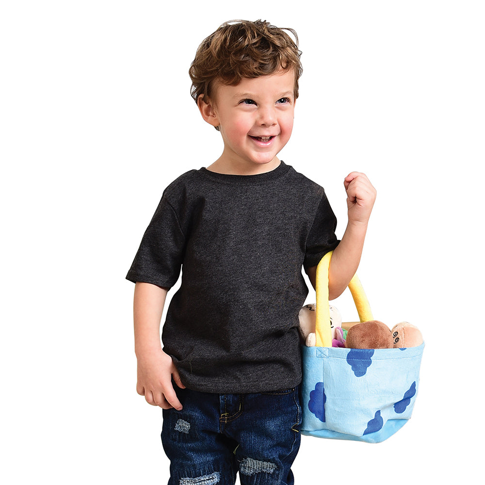 Kid Carrying a basket of Plush Expression Dolls